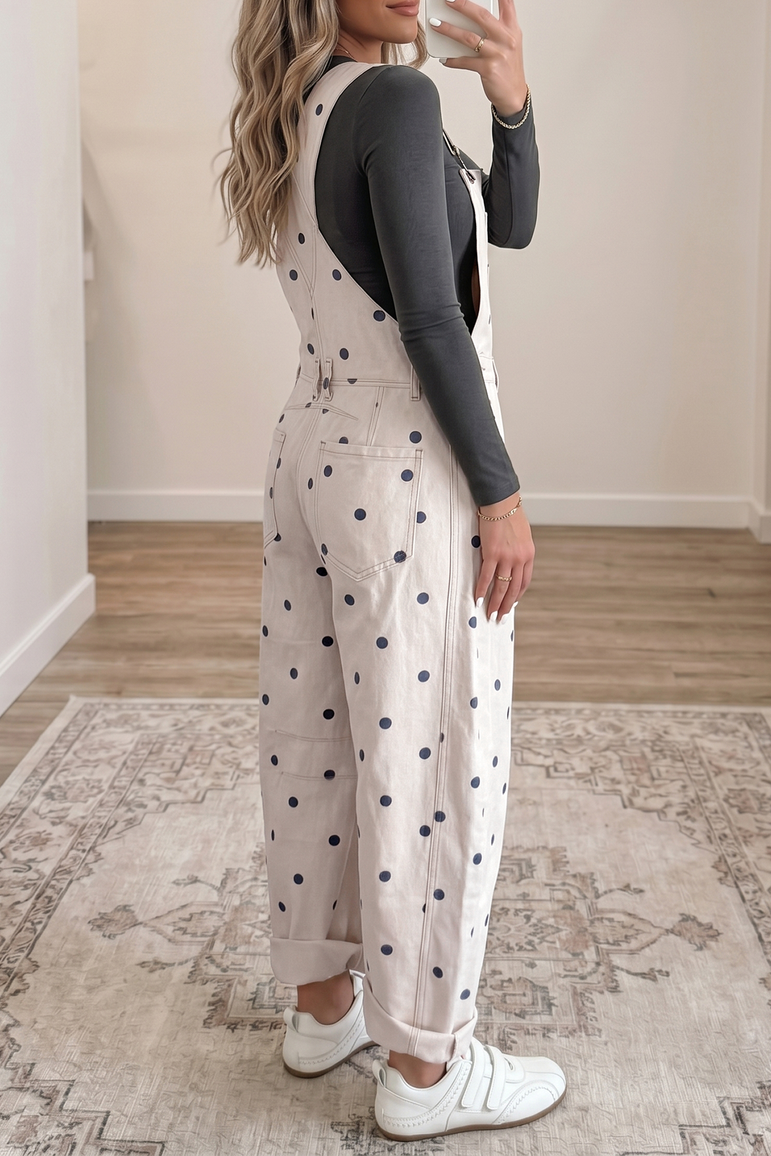 Jet Stream Polka Dot Print Bib Pocket Denim Barrel Overalls Jumpsuit view 2