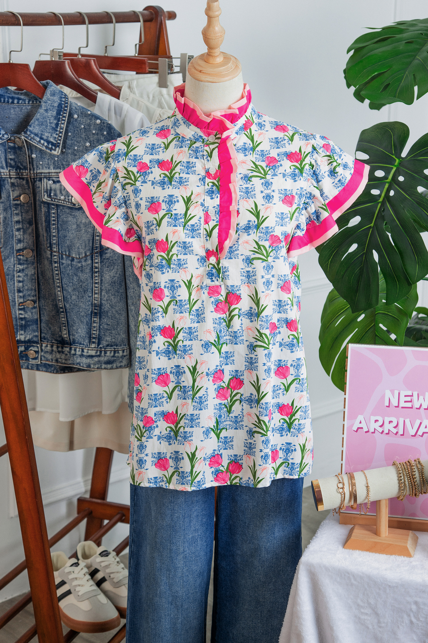 Rose Floral Print Color Block Striped Trim Flutter Sleeve Half Button Blouse view 3