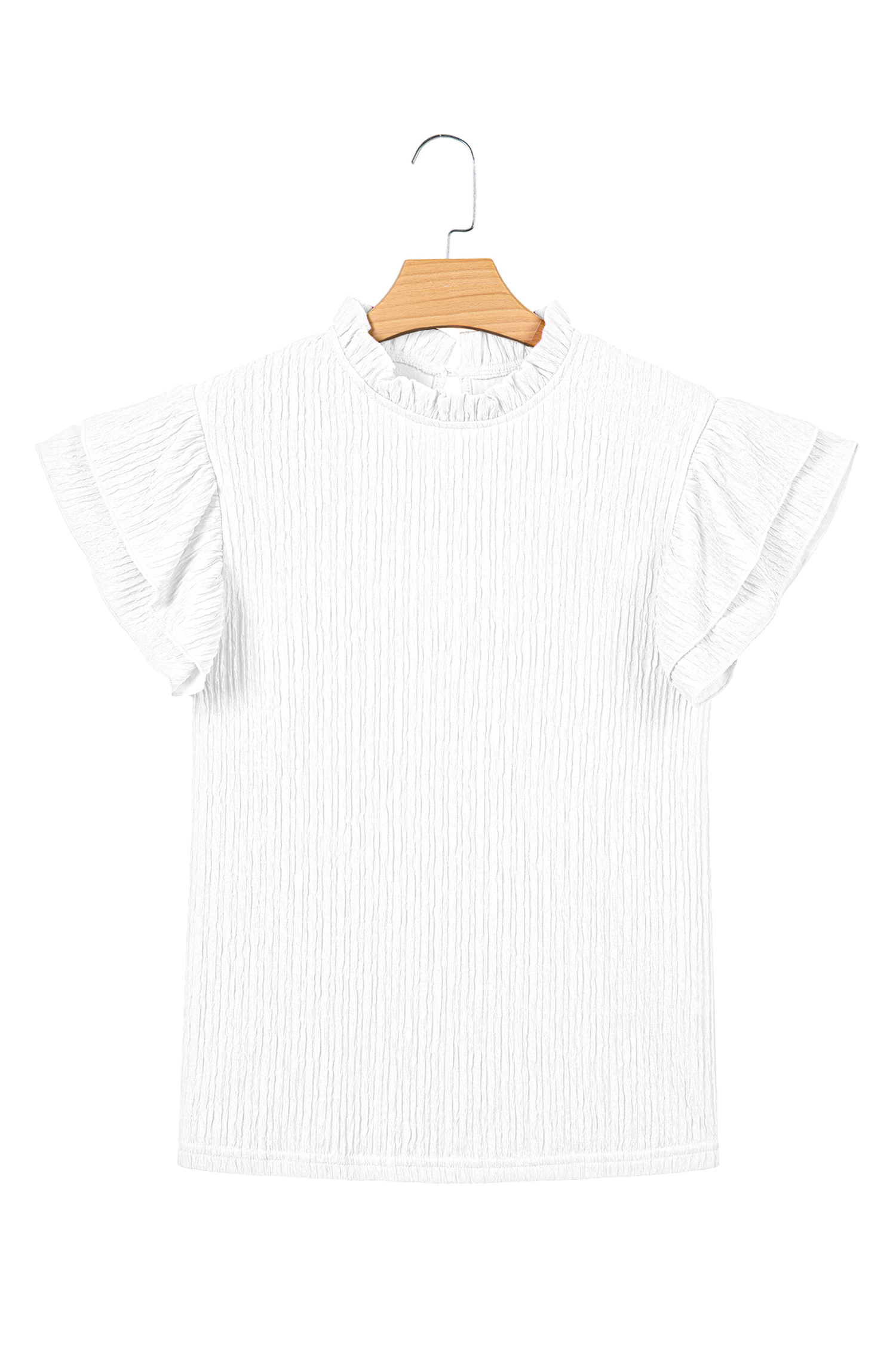 White Solid Color Textured Ruffle Trim Short Sleeve Blouse view 10