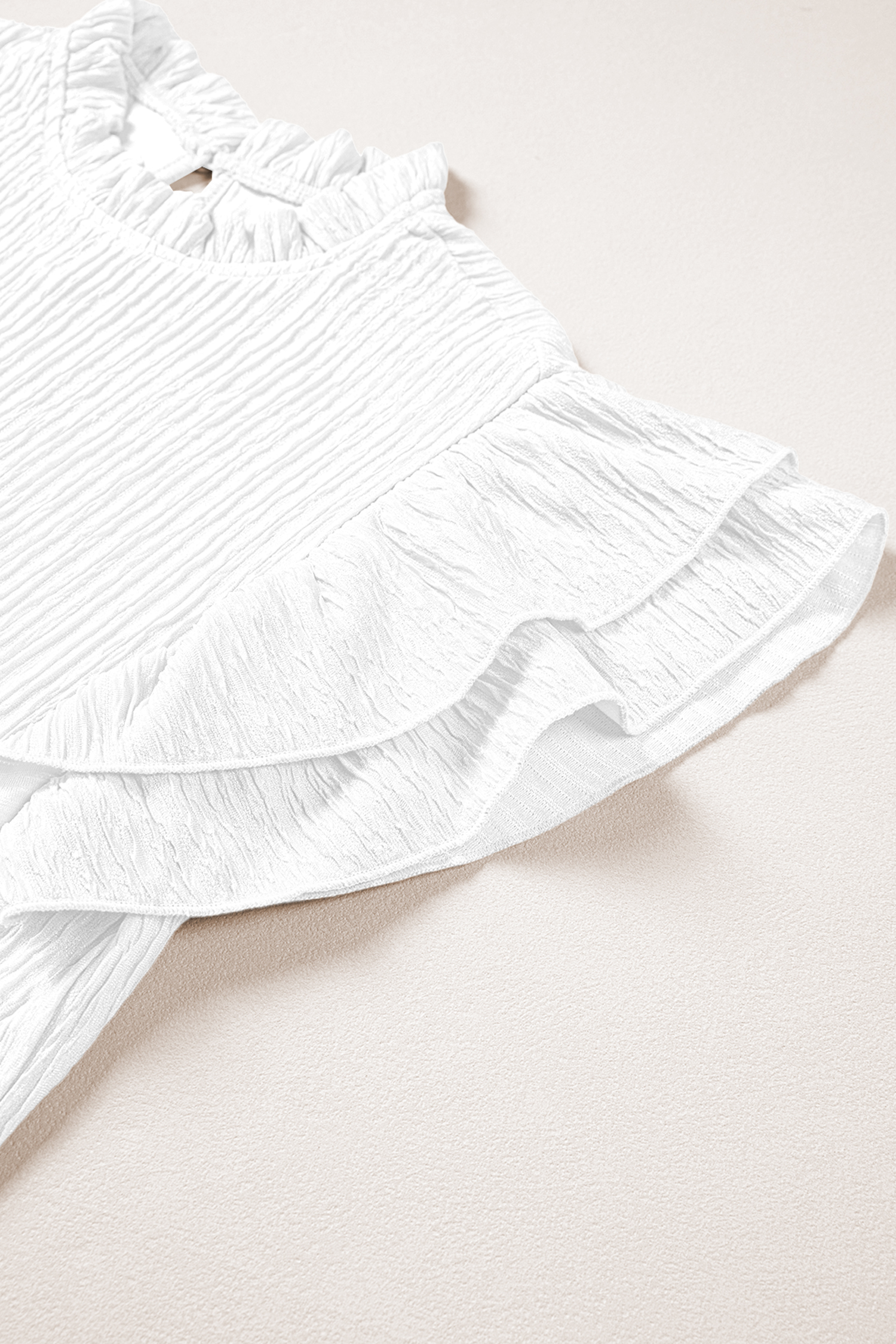 White Solid Color Textured Ruffle Trim Short Sleeve Blouse view 7