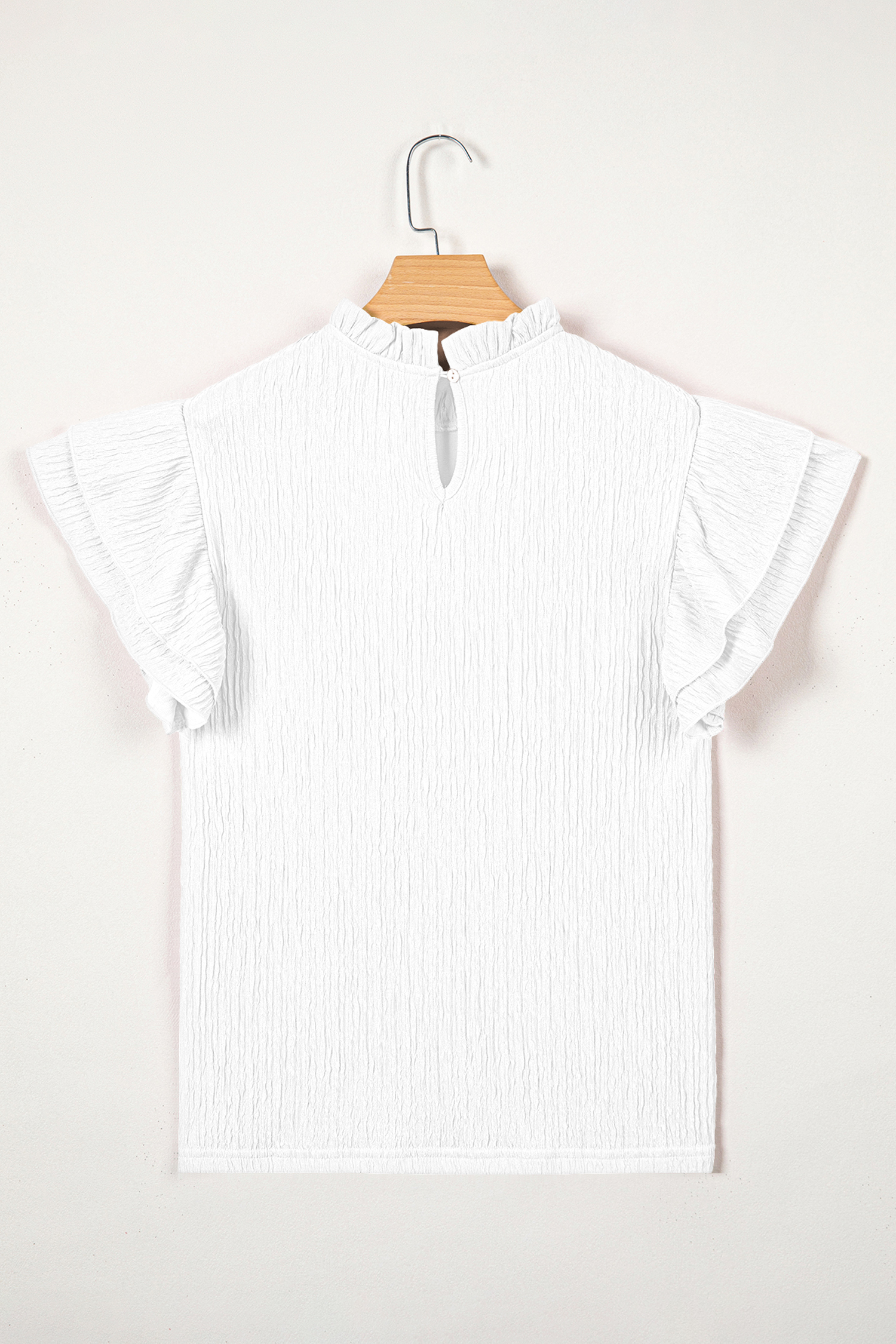 White Solid Color Textured Ruffle Trim Short Sleeve Blouse view 6