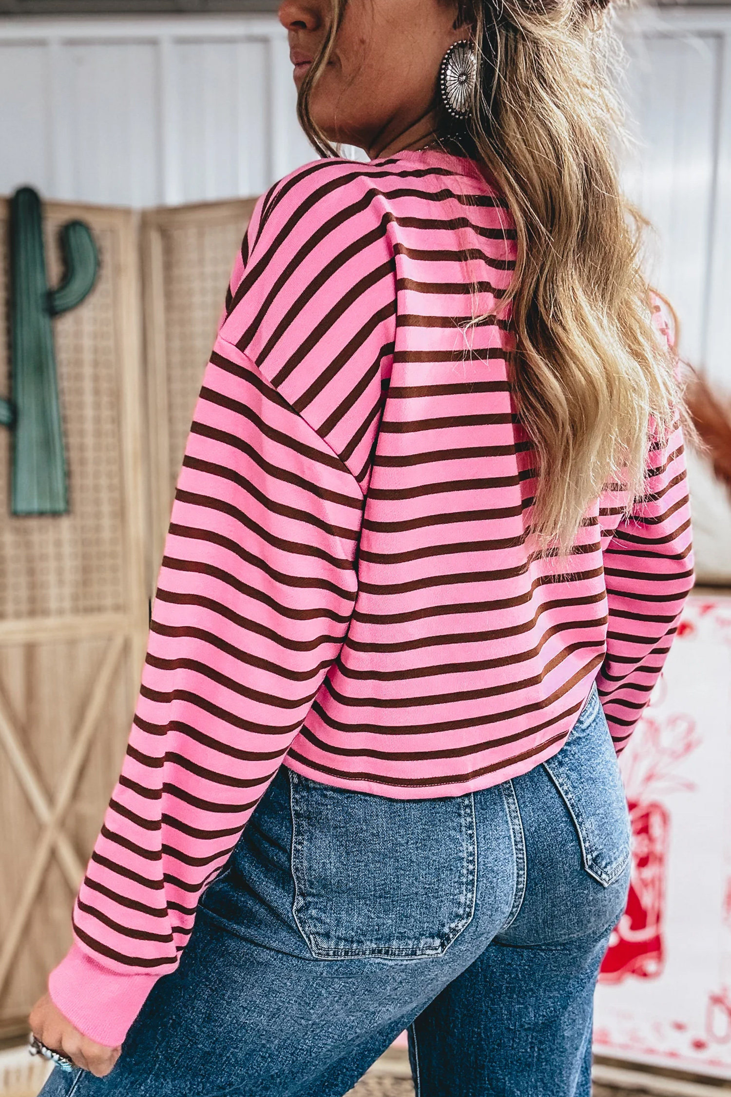 Pink Stripe V Neck Drop Shoulder Long Sleeve Top view 10