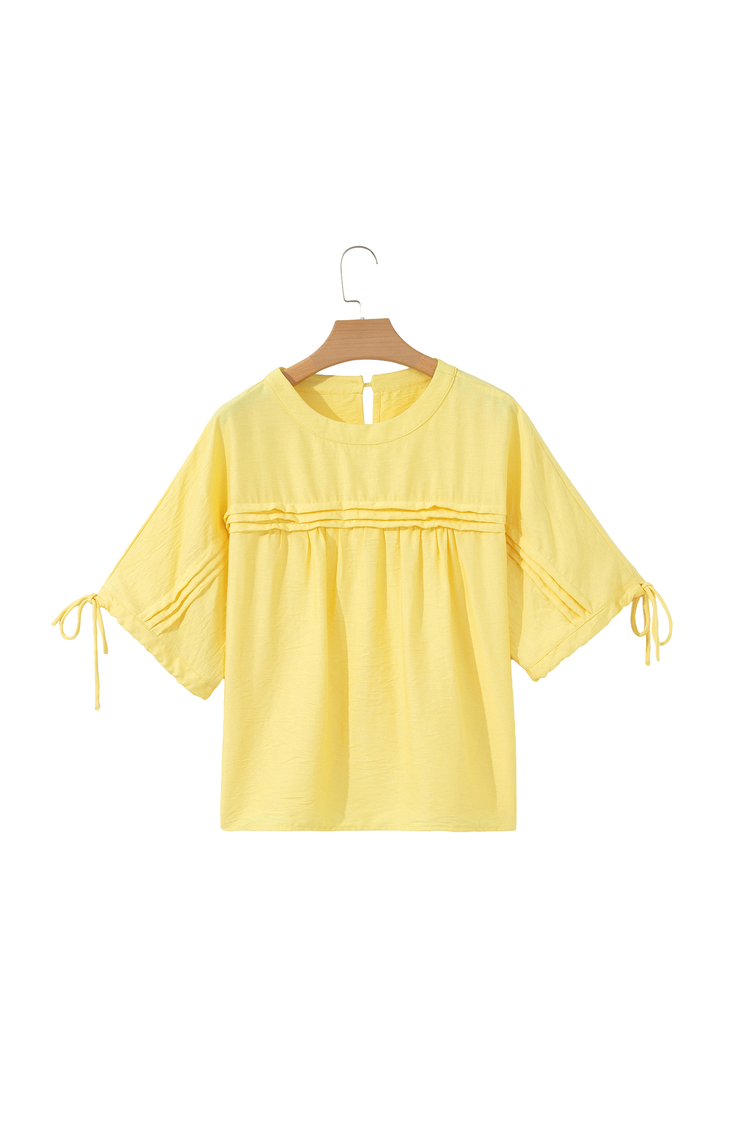 Yellow Cream Tie Half Sleeve Pleated Detail Babydoll Blouse view 16