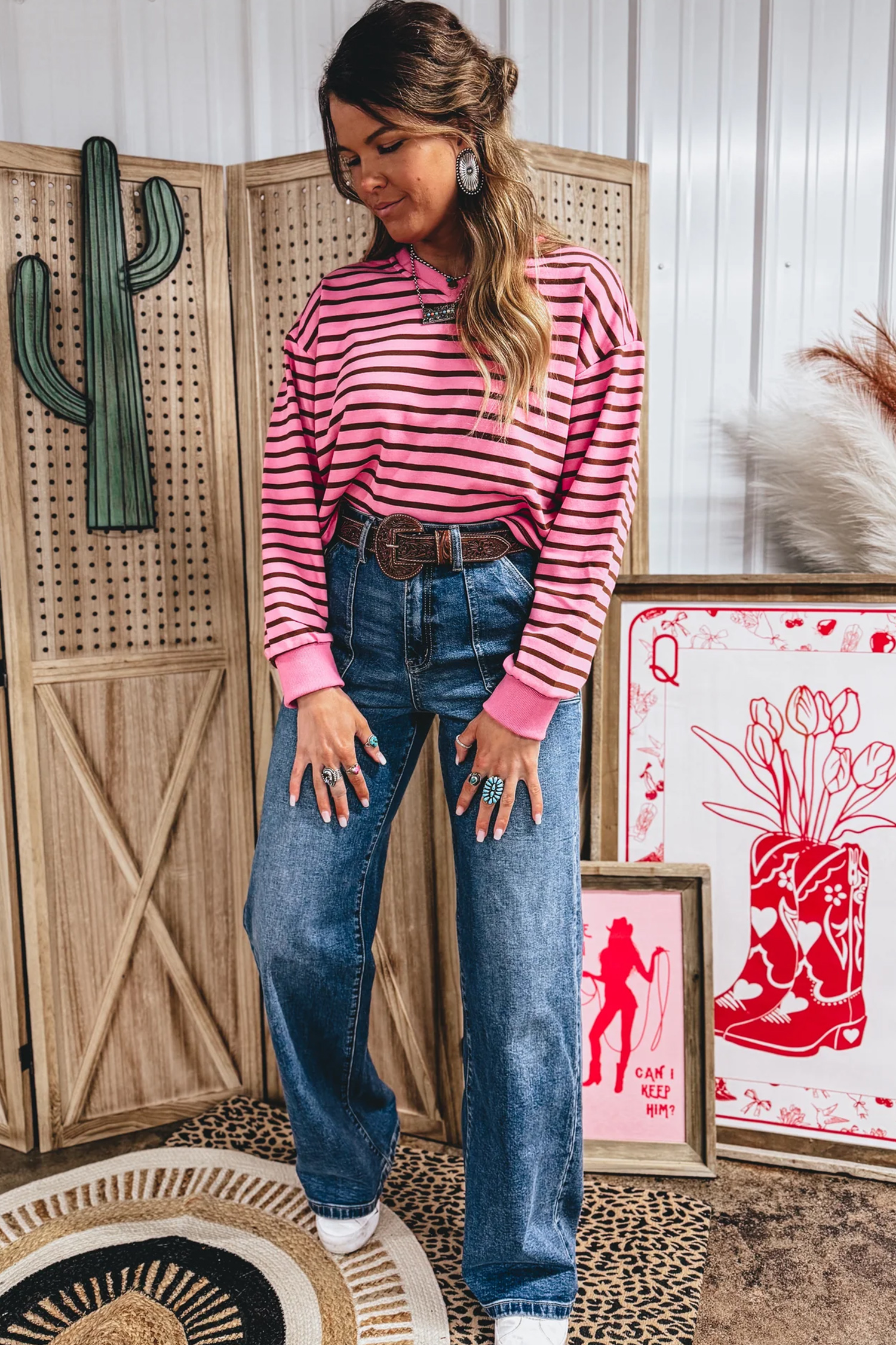 Pink Stripe V Neck Drop Shoulder Long Sleeve Top view 12