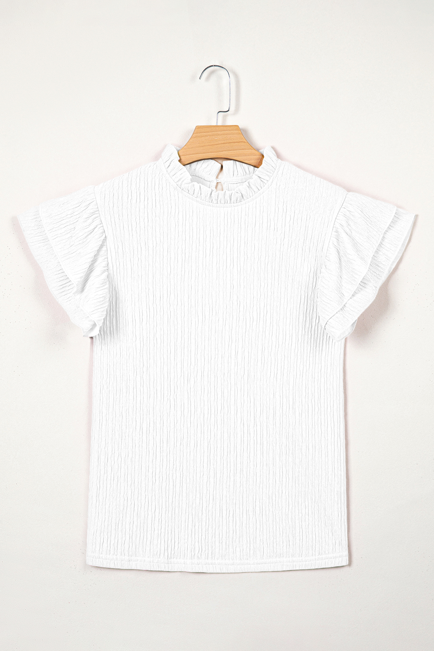 White Solid Color Textured Ruffle Trim Short Sleeve Blouse view 5