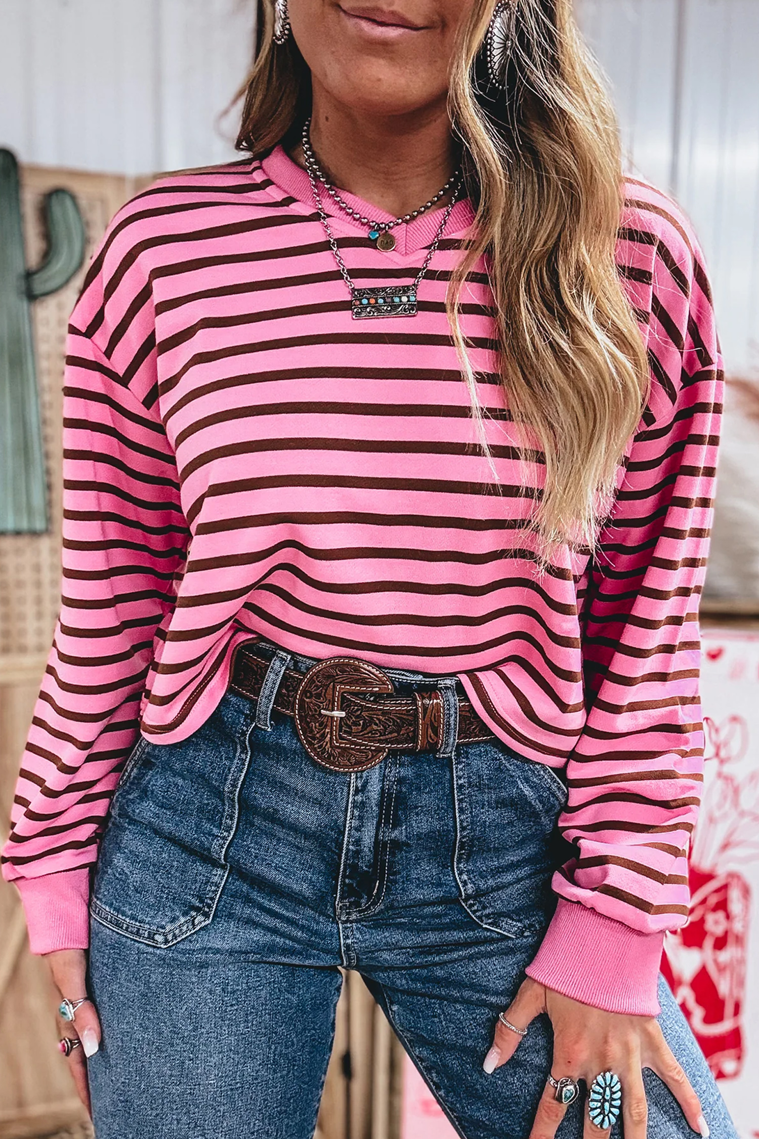 Pink Stripe V Neck Drop Shoulder Long Sleeve Top view 9