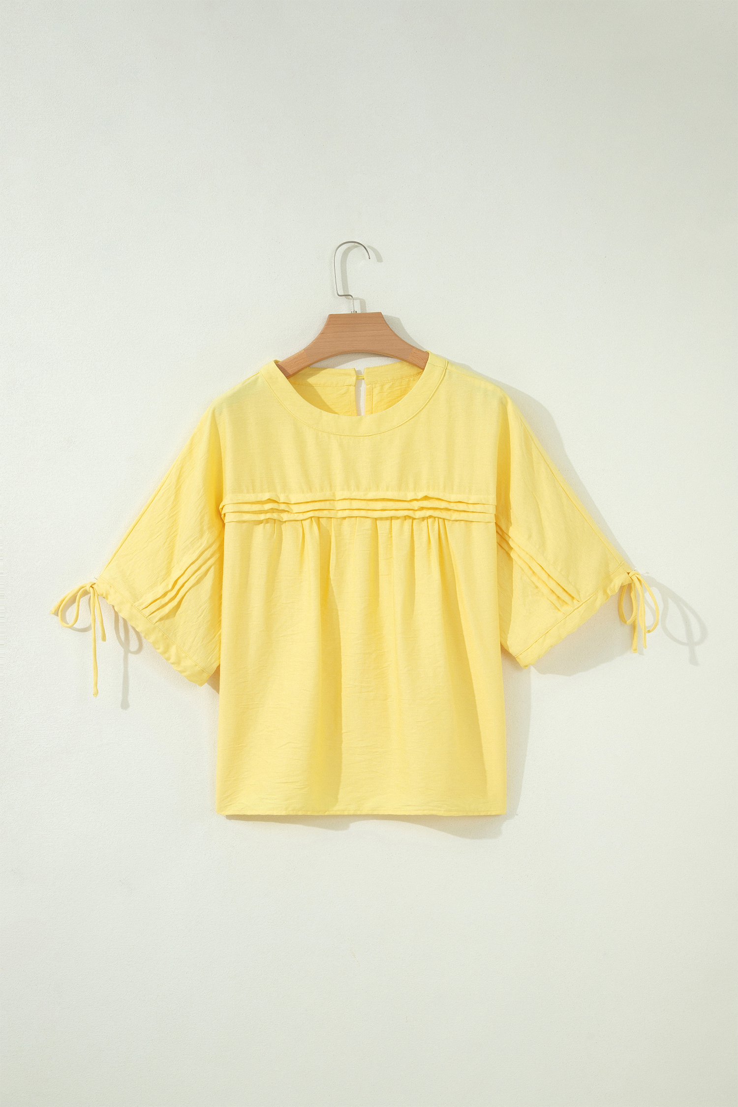 Yellow Cream Tie Half Sleeve Pleated Detail Babydoll Blouse view 8