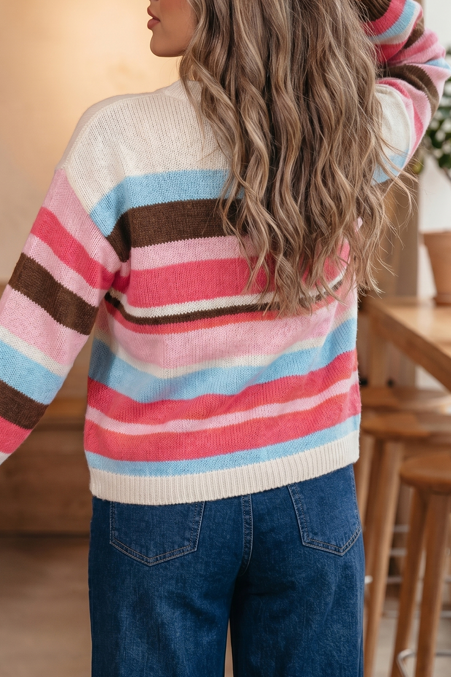Pink Stripe Striped Colorblock Drop Shoulder Cardigan view 10