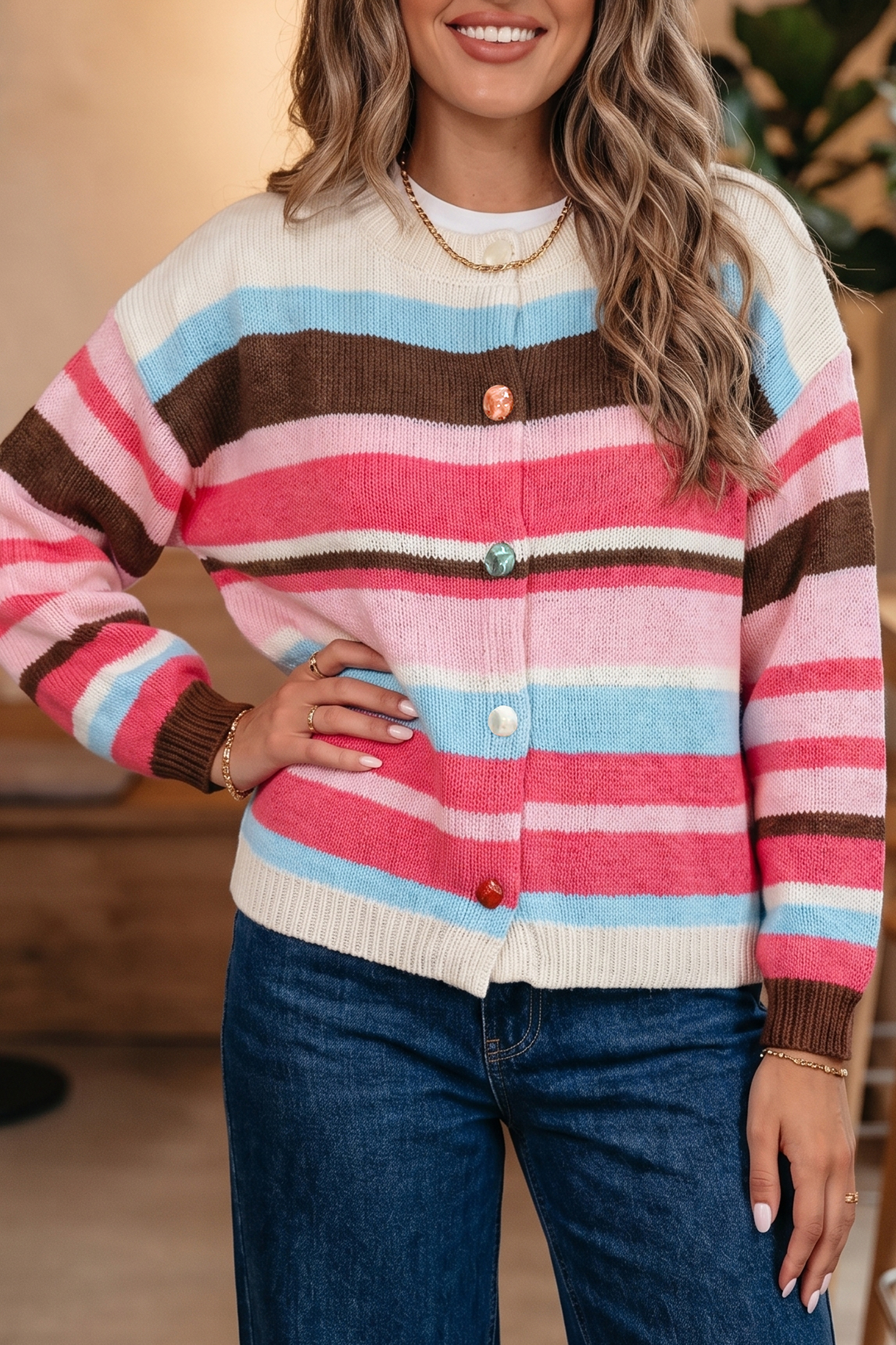 Pink Stripe Striped Colorblock Drop Shoulder Cardigan view 9
