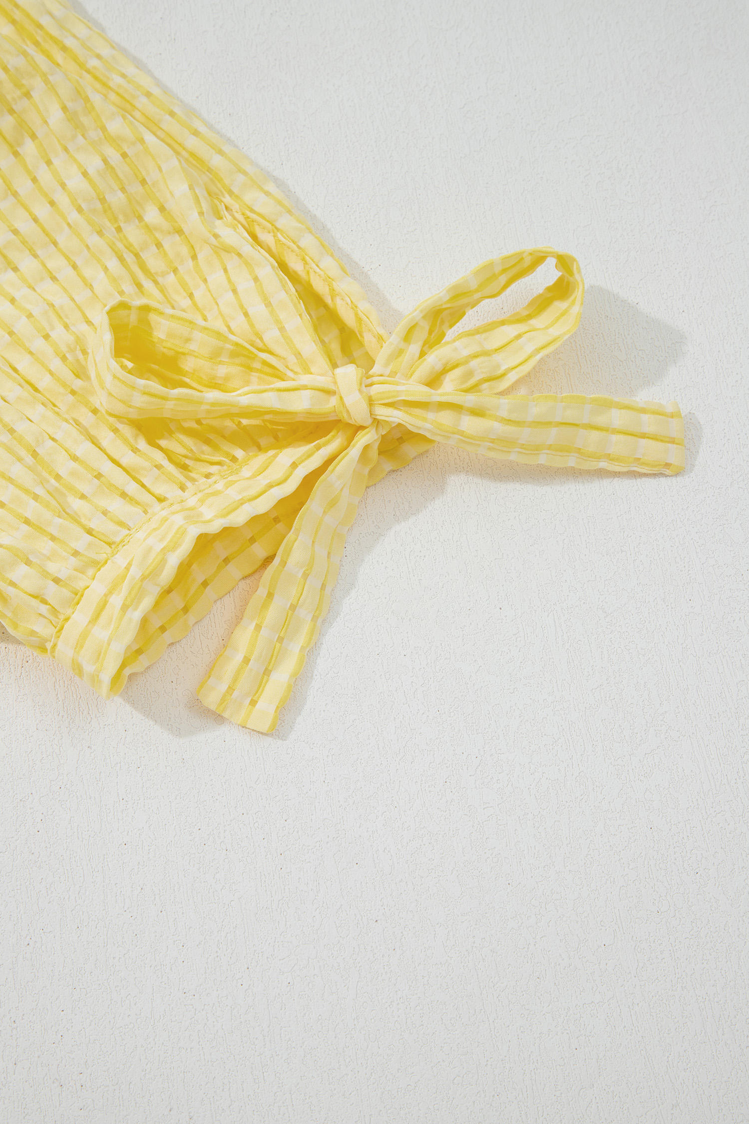 Yellow Gingham Textured Bow Tie Short Sleeve Tiered Midi Dress view 13