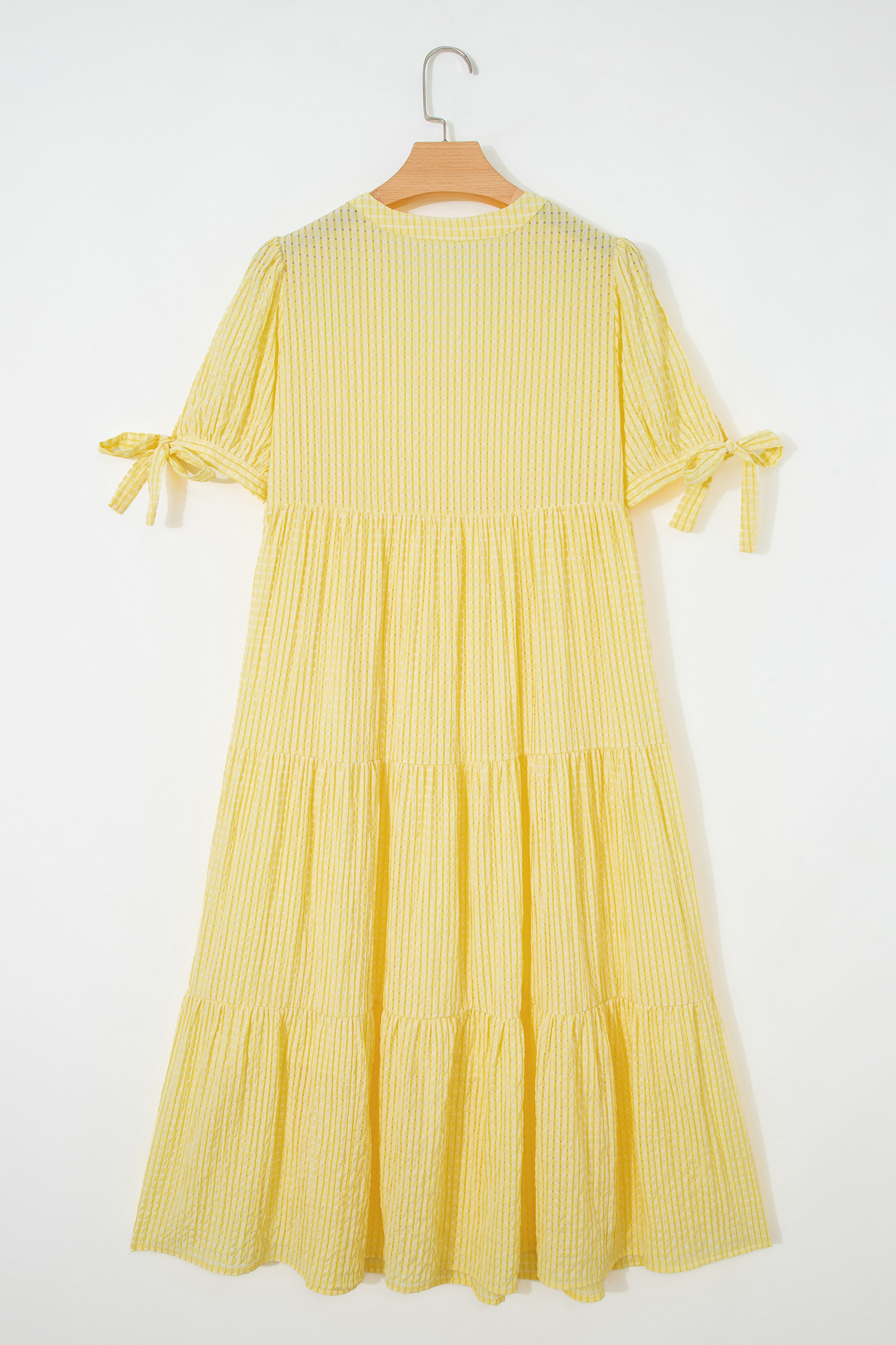 Yellow Gingham Textured Bow Tie Short Sleeve Tiered Midi Dress view 11
