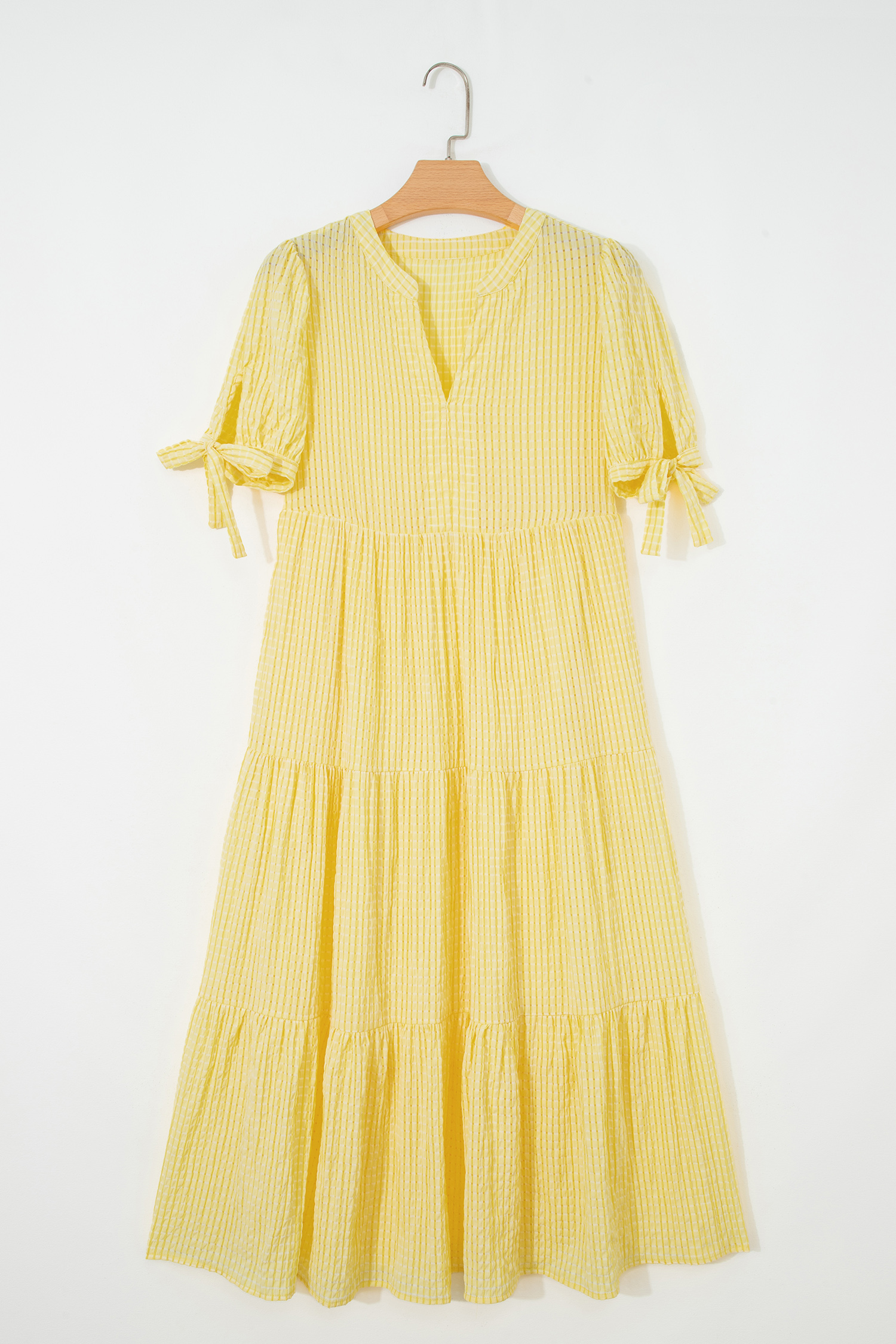 Yellow Gingham Textured Bow Tie Short Sleeve Tiered Midi Dress view 10