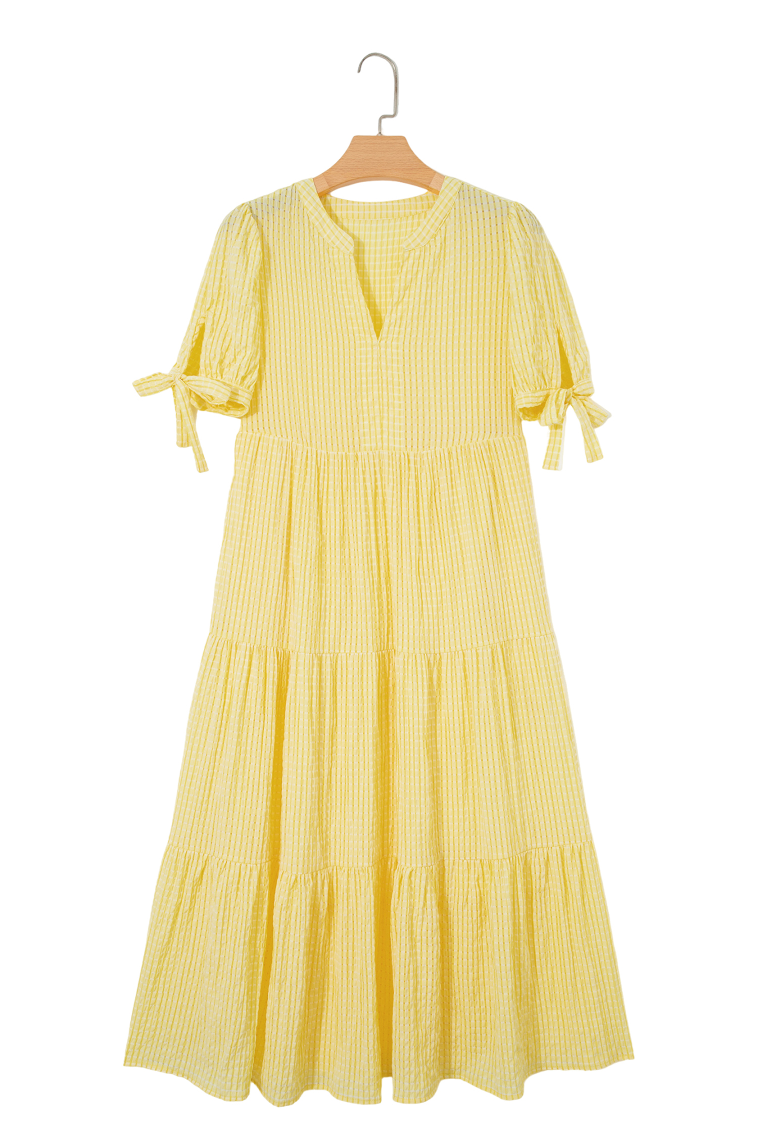 Yellow Gingham Textured Bow Tie Short Sleeve Tiered Midi Dress view 18