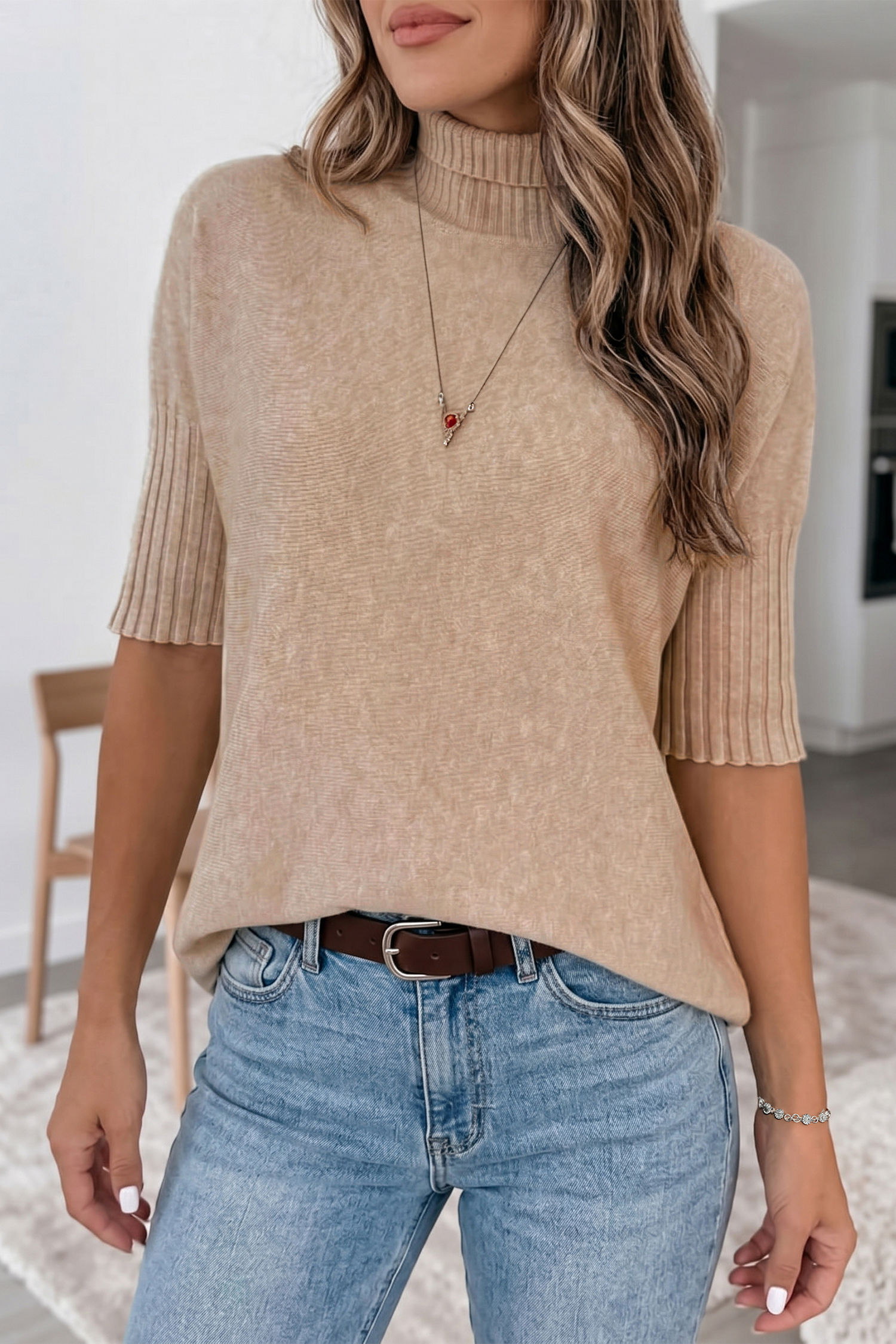 Beige Short Sleeve Sweaters