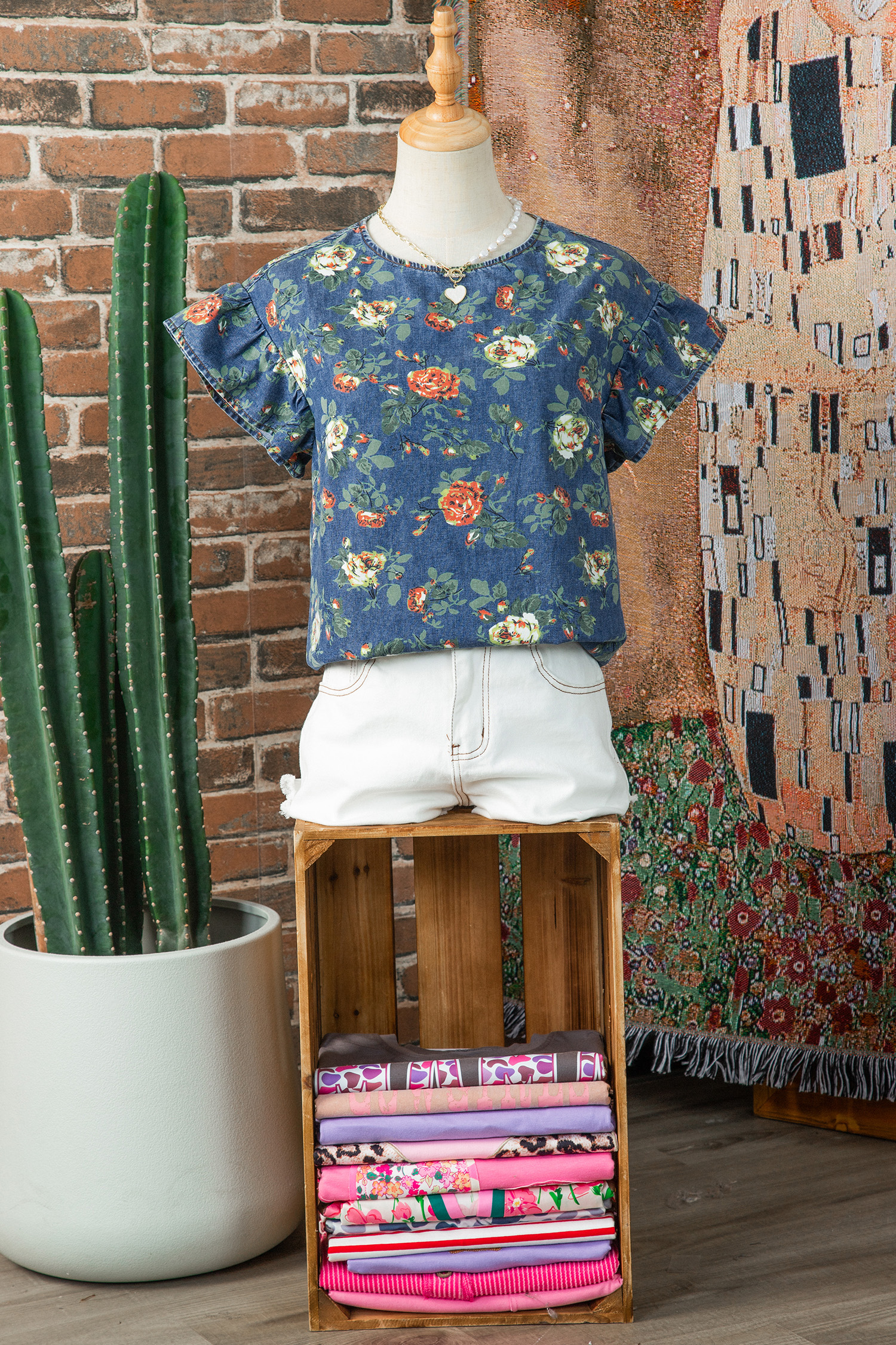 Ashleigh Blue Ruffled Short Sleeve Floral Denim Top view 20