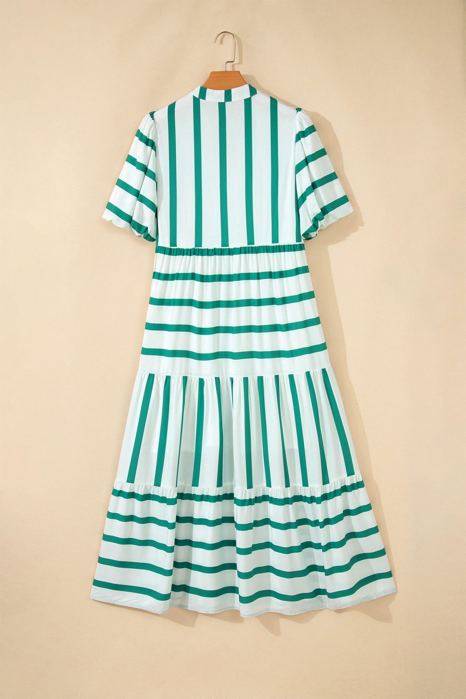 Green Stripe Ricrac Trim Notched Neck Half Sleeve Vacation Dress view 10