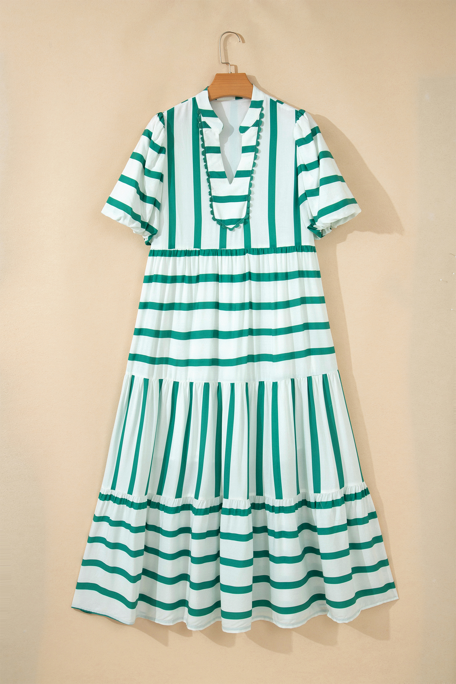 Green Stripe Ricrac Trim Notched Neck Half Sleeve Vacation Dress view 9