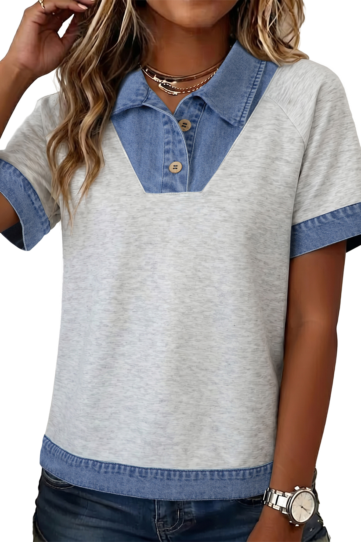 Light Grey Denim Contrast Collar Cuffed Short Sleeve Top view 12
