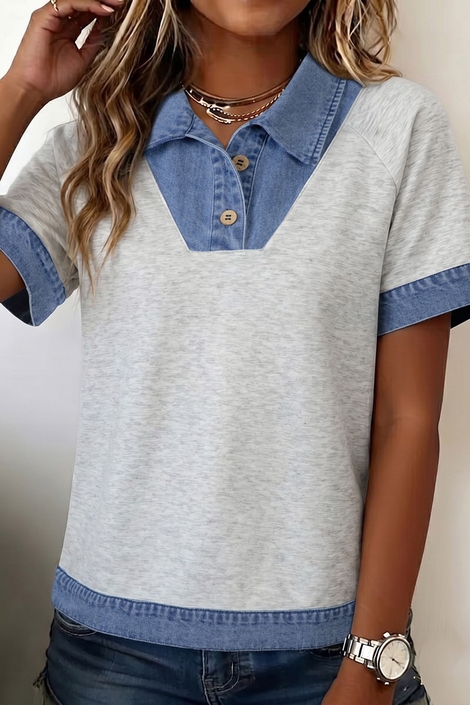 Light Grey Denim Contrast Collar Cuffed Short Sleeve Top view 2