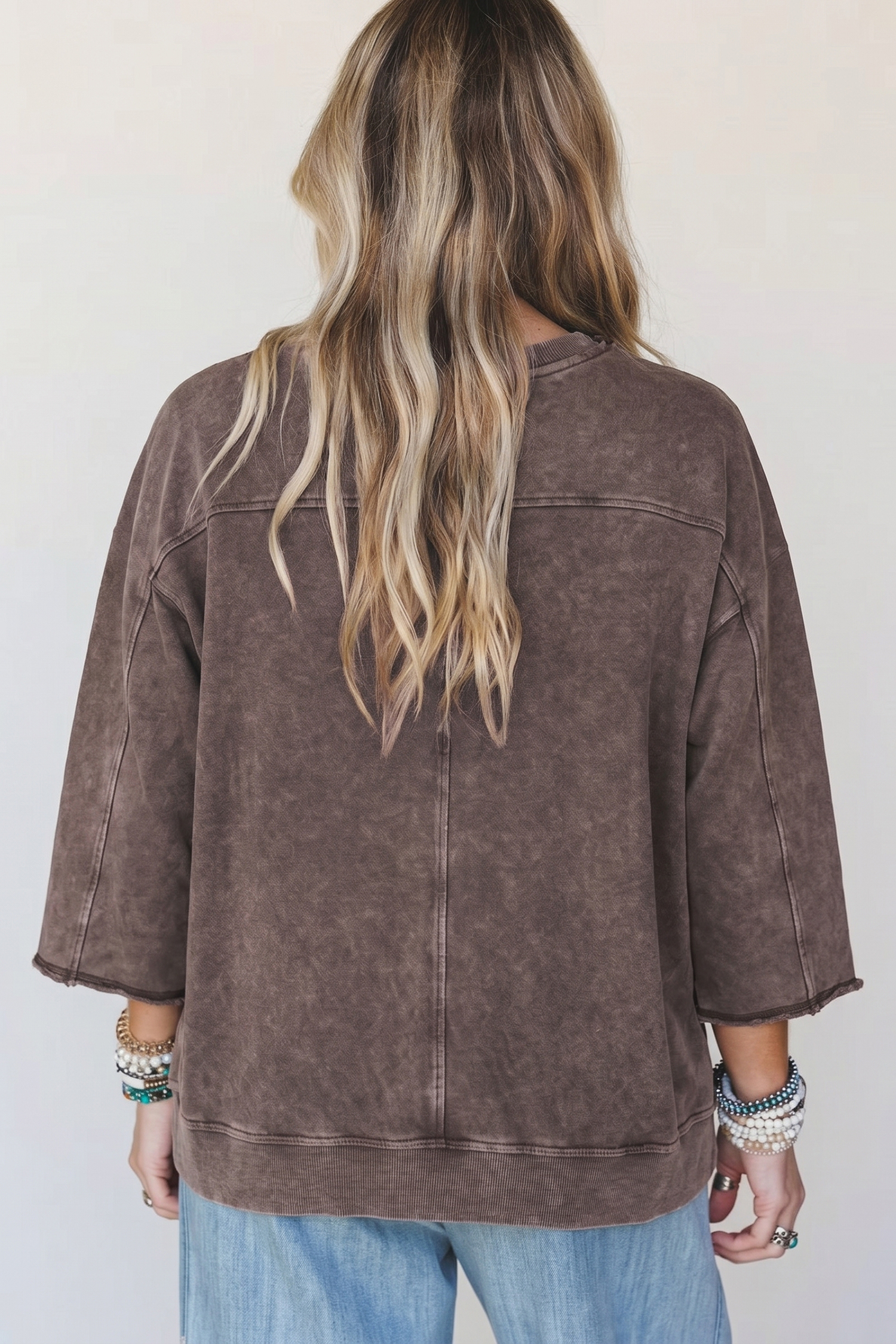Dark Brown 3/4 Sleeve Mineral Wash Loose Cotton Top view 6