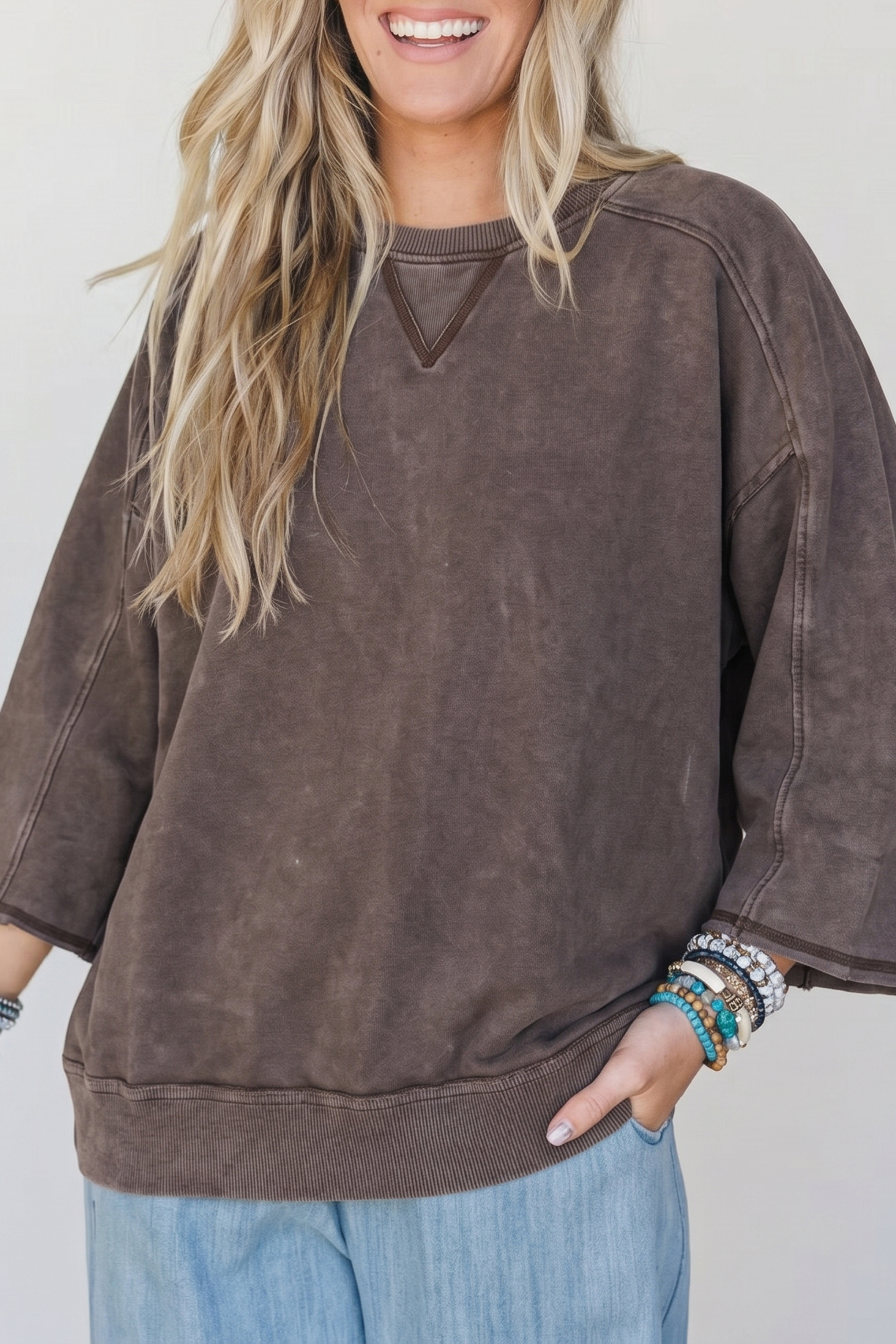 Dark Brown 3/4 Sleeve Mineral Wash Loose Cotton Top view 5
