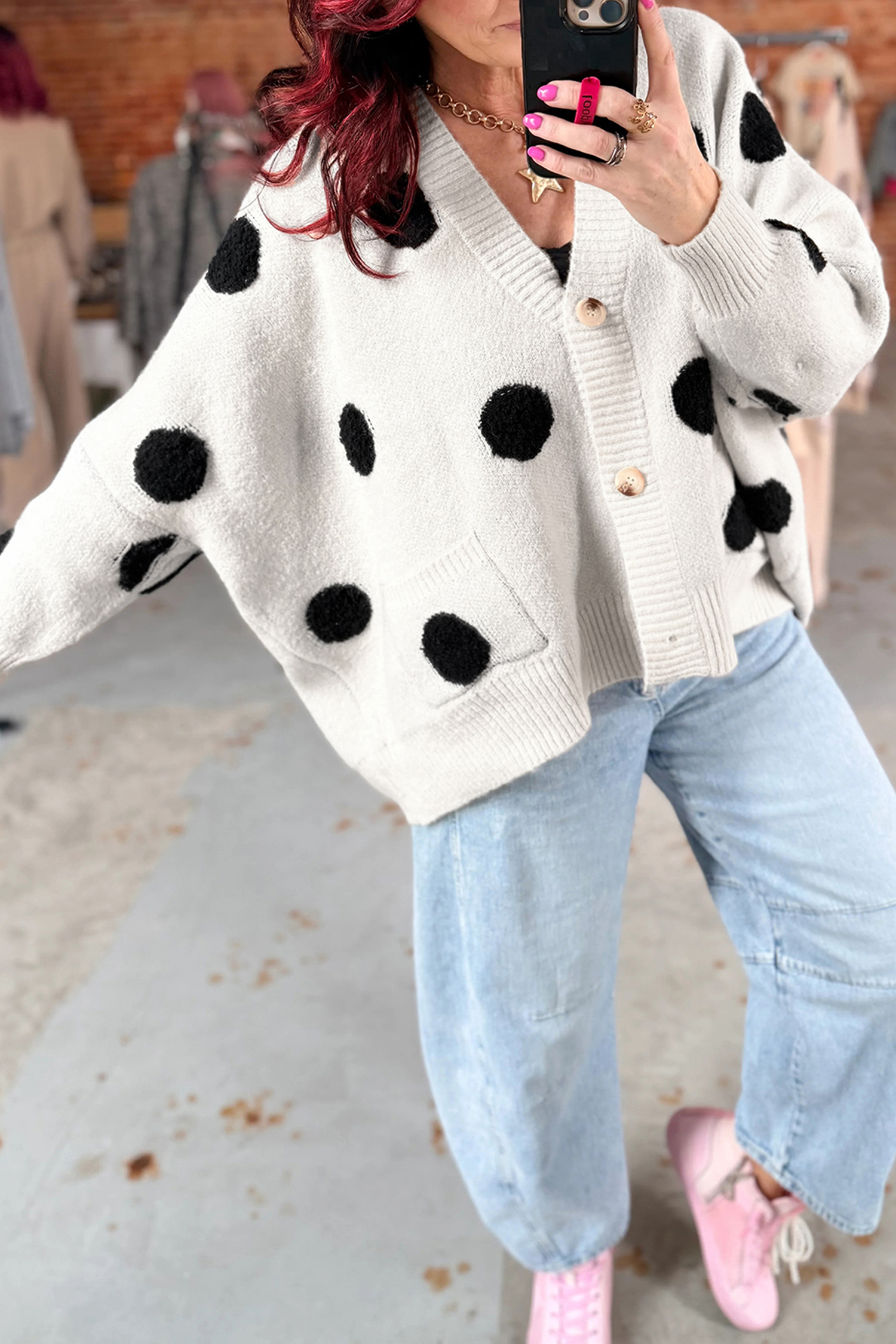 Beige Polka Dot Button Front Oversized V Neck Cardigan view 12