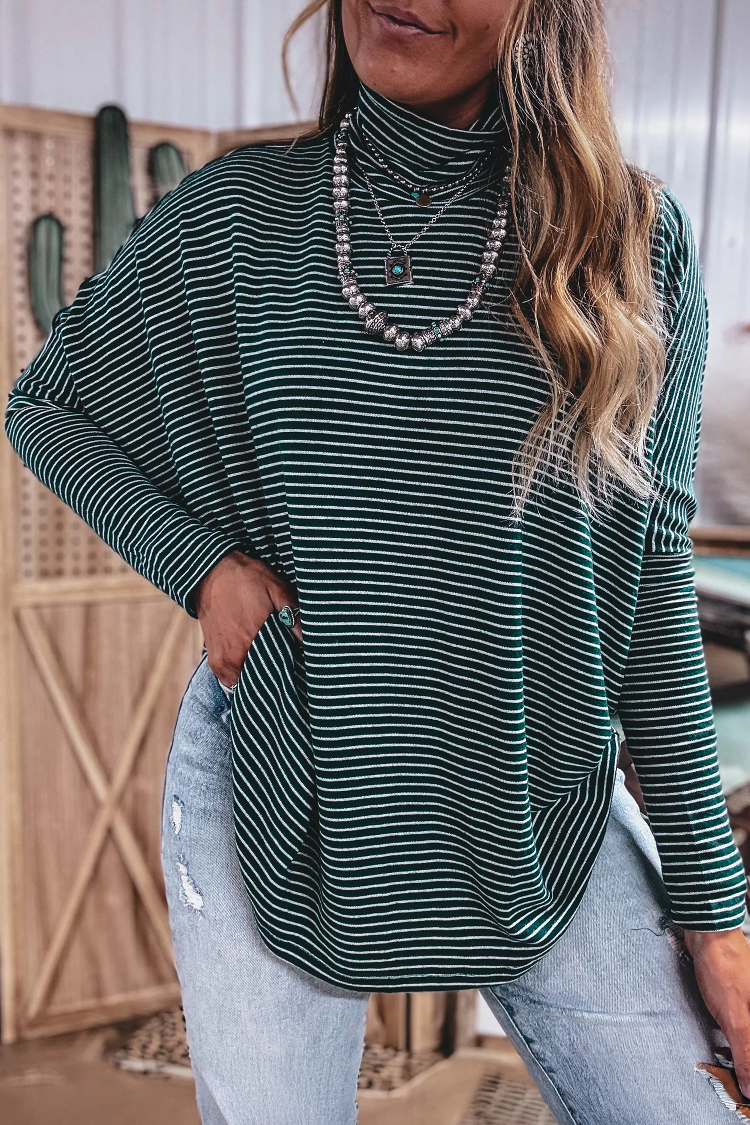 Green Stripe High Neck Dropped Shoulder Long Sleeve Casual Top view 8