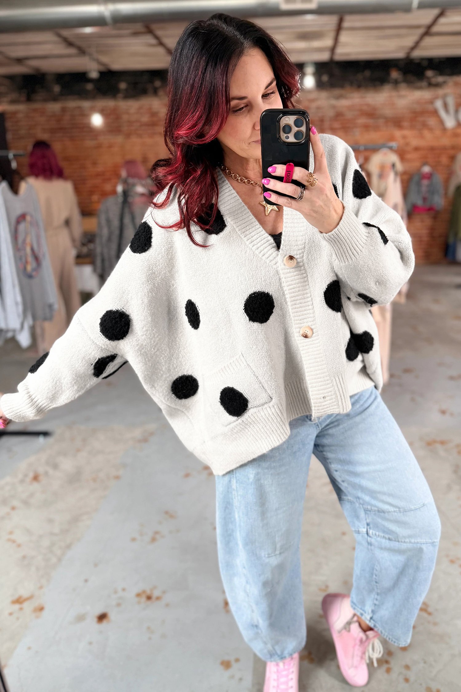 Beige Polka Dot Button Front Oversized V Neck Cardigan view 11