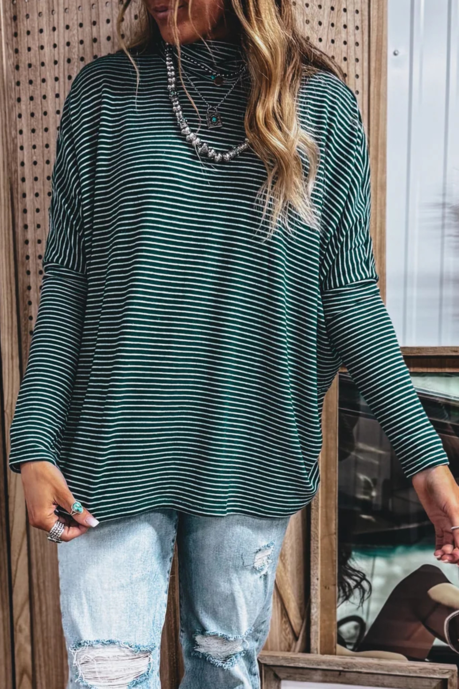 Green Stripe High Neck Dropped Shoulder Long Sleeve Casual Top view 11