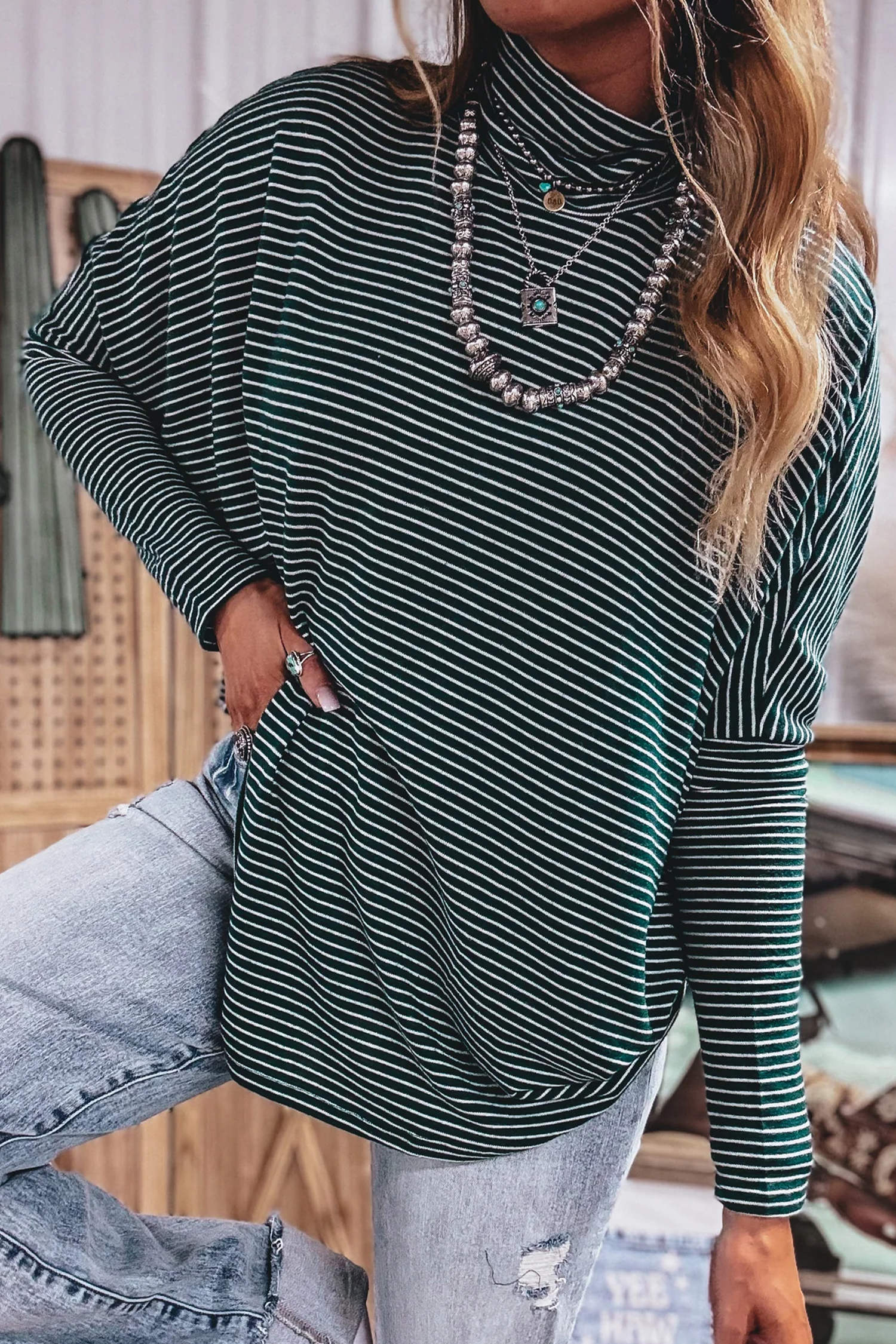Green Stripe High Neck Dropped Shoulder Long Sleeve Casual Top view 13