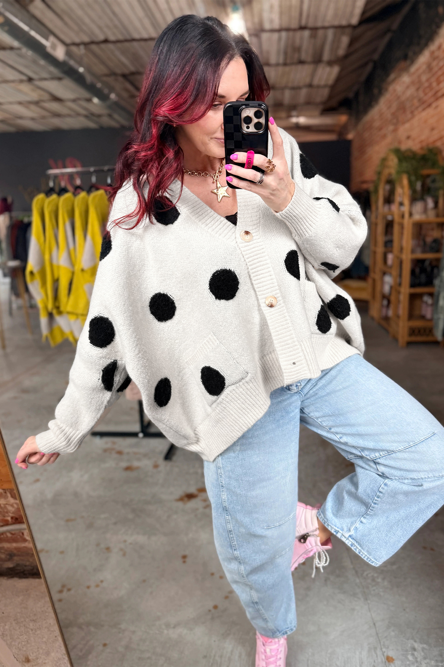 Beige Polka Dot Button Front Oversized V Neck Cardigan view 10
