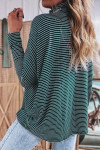 Green Stripe High Neck Dropped Shoulder Long Sleeve Casual Top