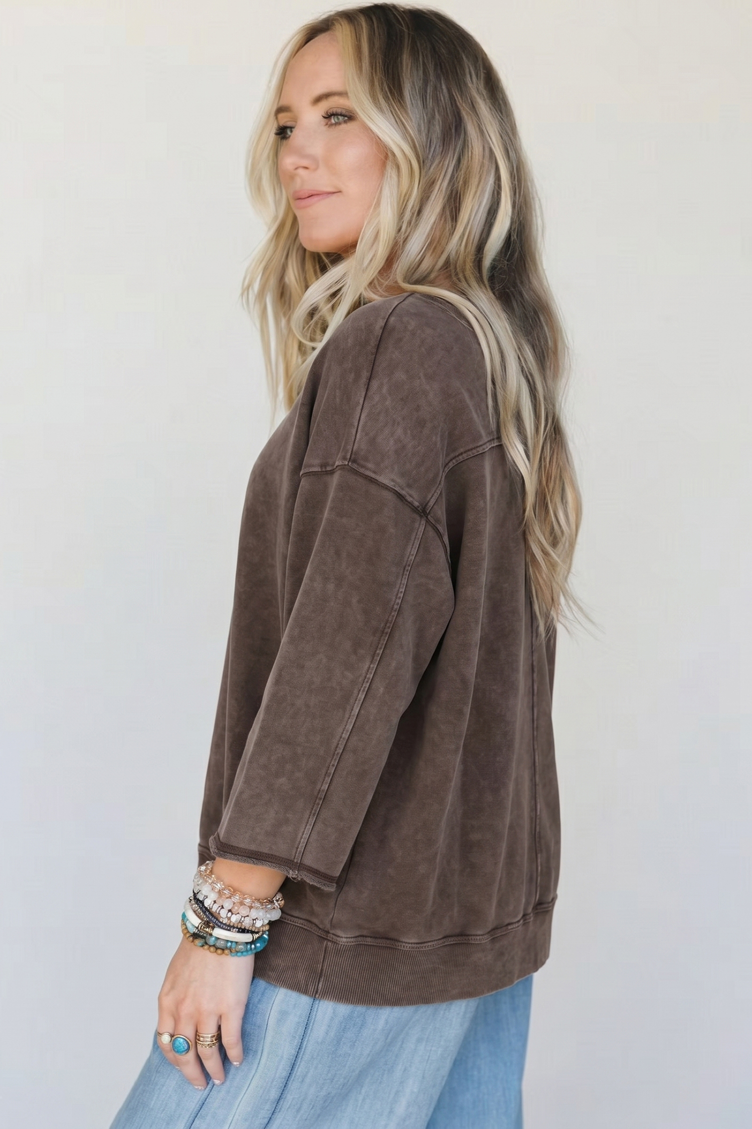 Dark Brown 3/4 Sleeve Mineral Wash Loose Cotton Top view 7
