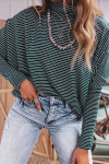 Green Stripe High Neck Dropped Shoulder Long Sleeve Casual Top