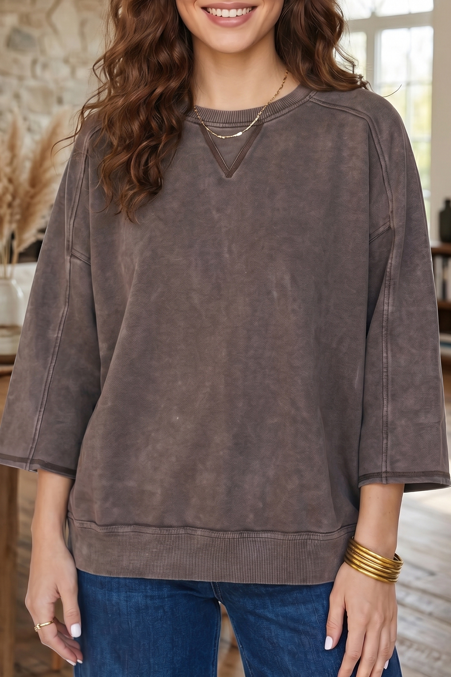 Dark Brown 3/4 Sleeve Mineral Wash Loose Cotton Top