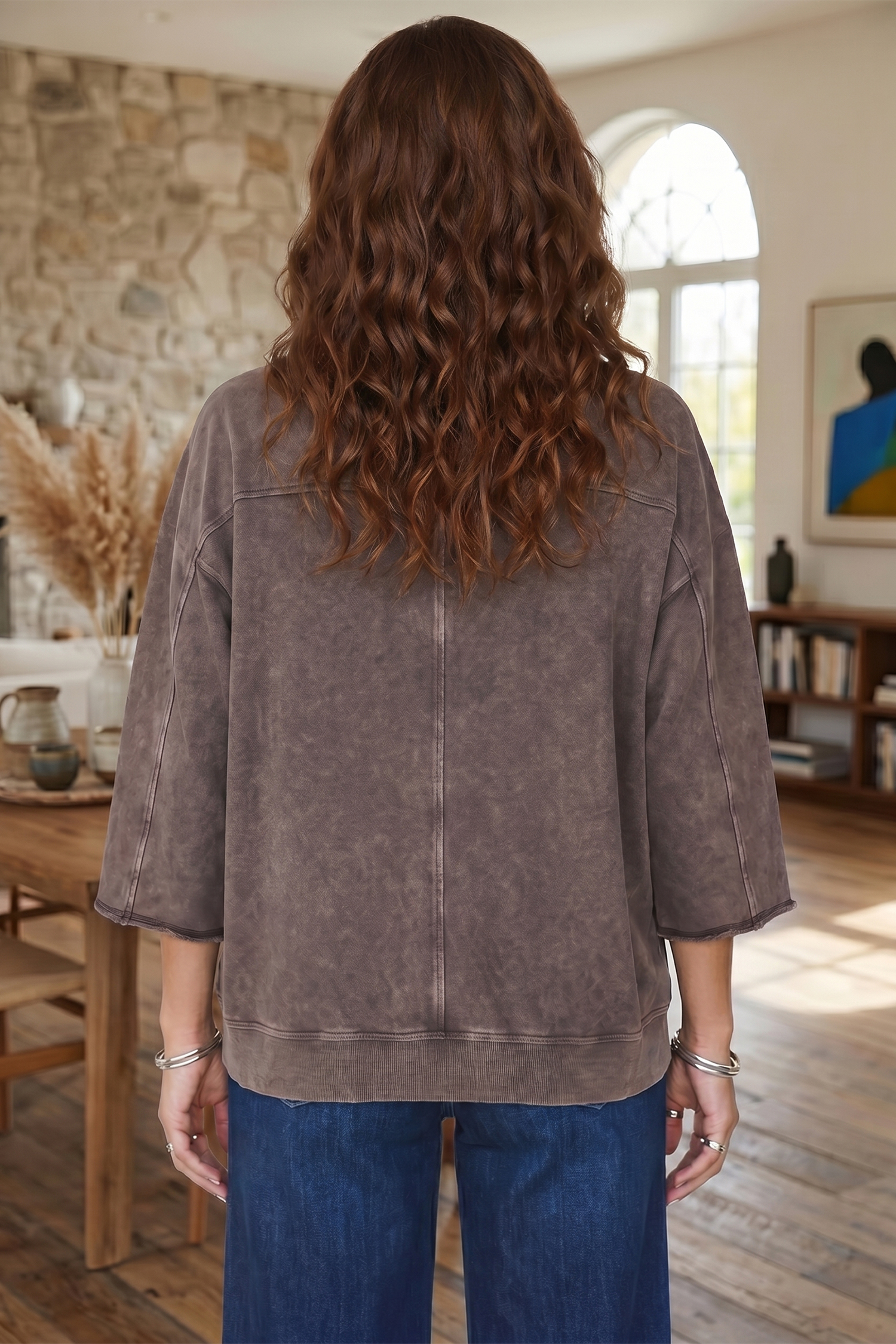 Dark Brown 3/4 Sleeve Mineral Wash Loose Cotton Top view 2