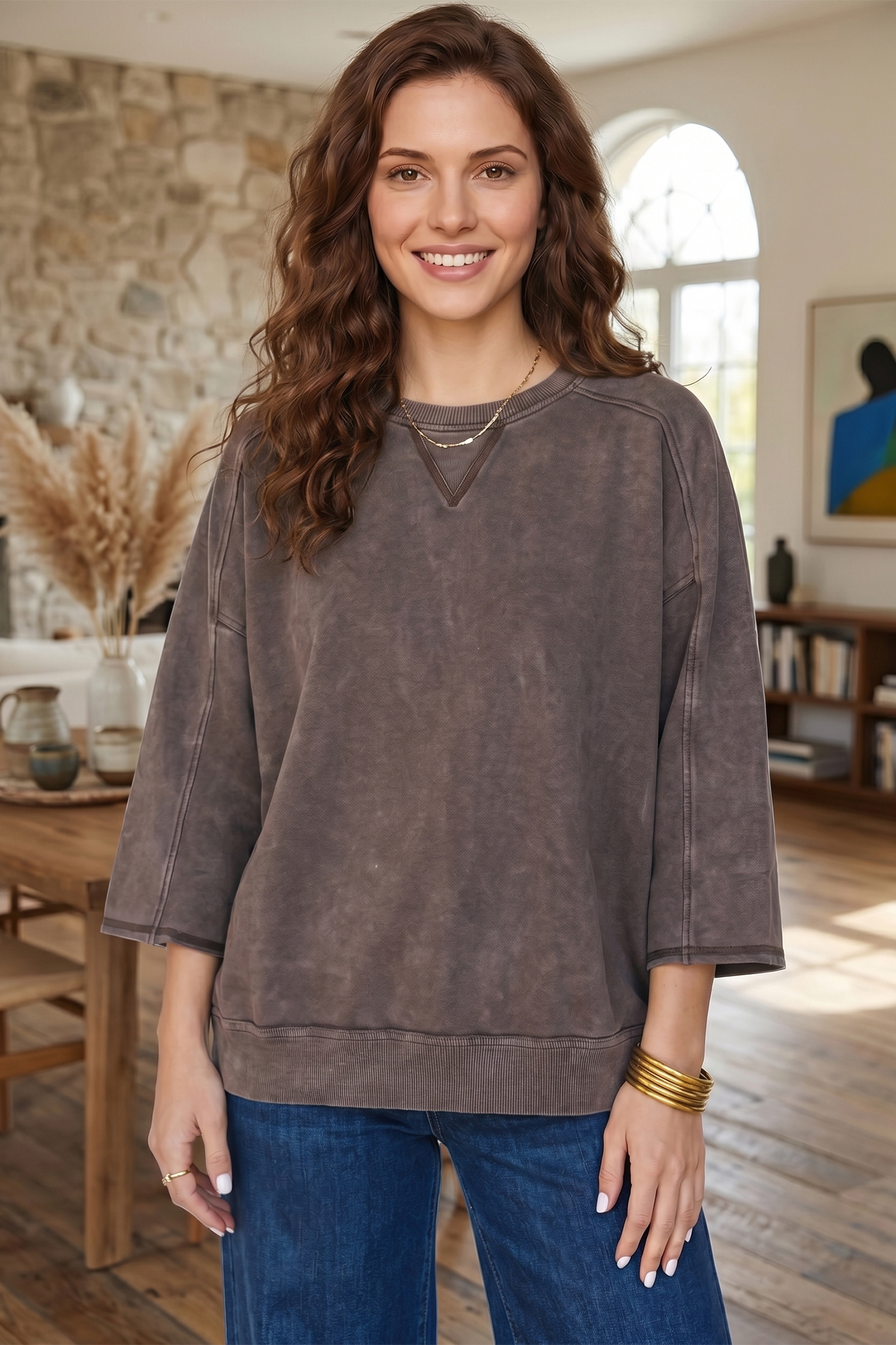Dark Brown 3/4 Sleeve Mineral Wash Loose Cotton Top view 4