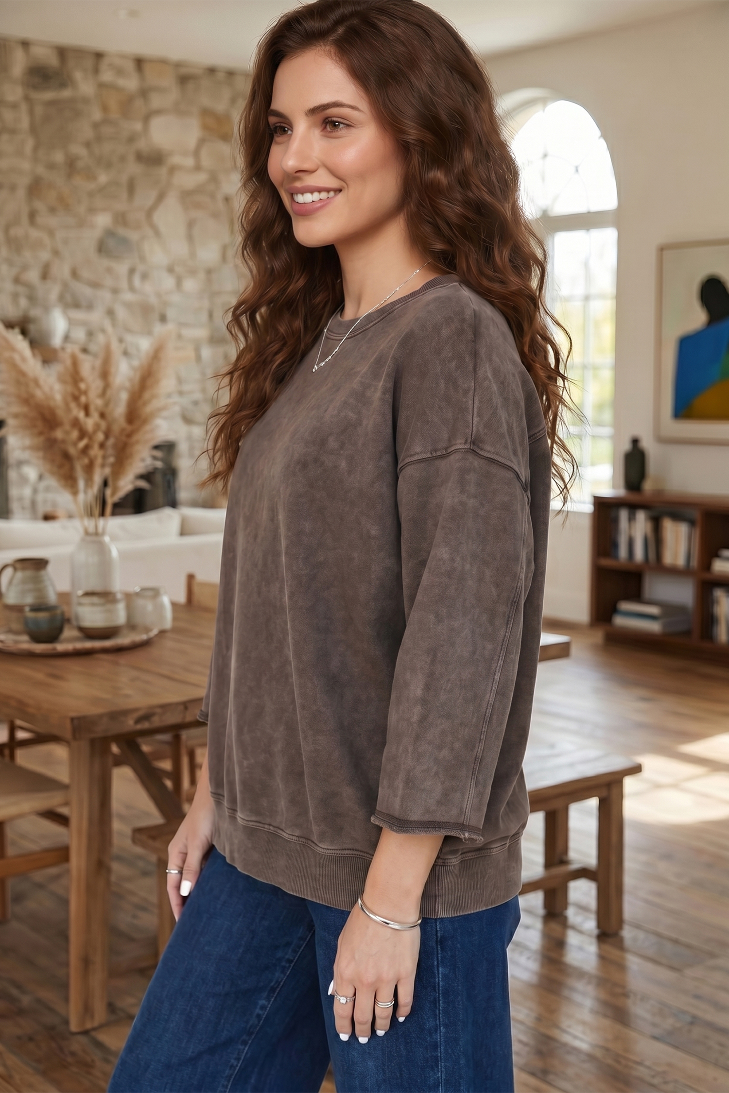 Dark Brown 3/4 Sleeve Mineral Wash Loose Cotton Top view 3