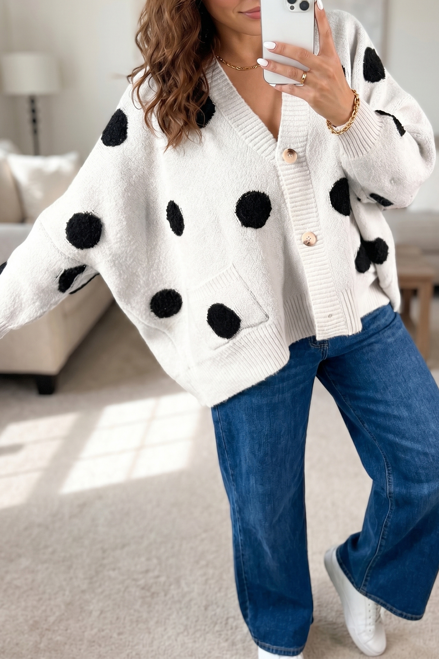 Beige Polka Dot Button Front Oversized V Neck Cardigan view 8