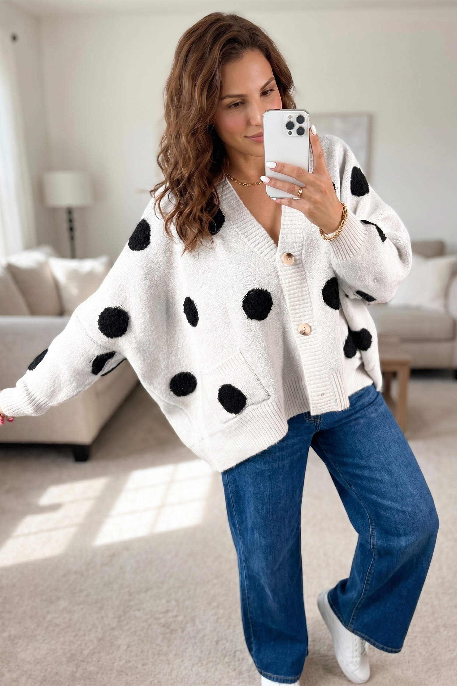 Beige Polka Dot Button Front Oversized V Neck Cardigan view 9