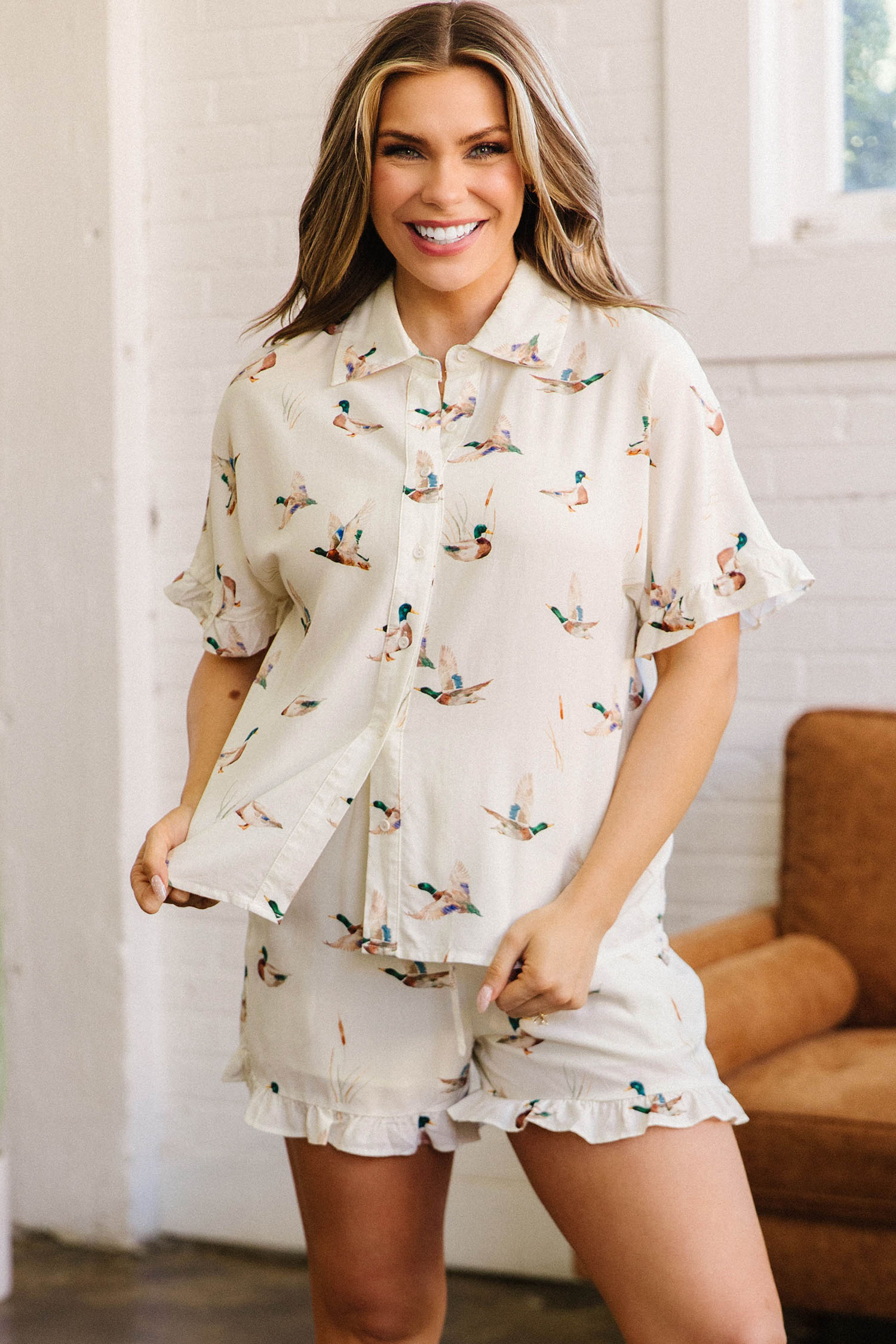 Beige Mallard Print Shirt Style Short Two Piece Set view 5