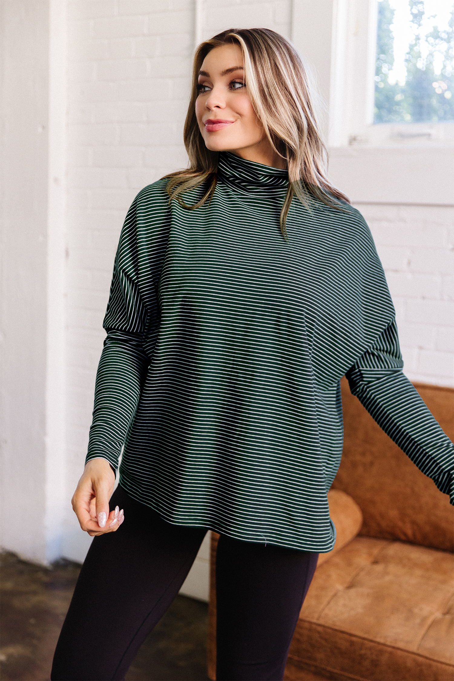 Green Stripe High Neck Dropped Shoulder Long Sleeve Casual Top view 5