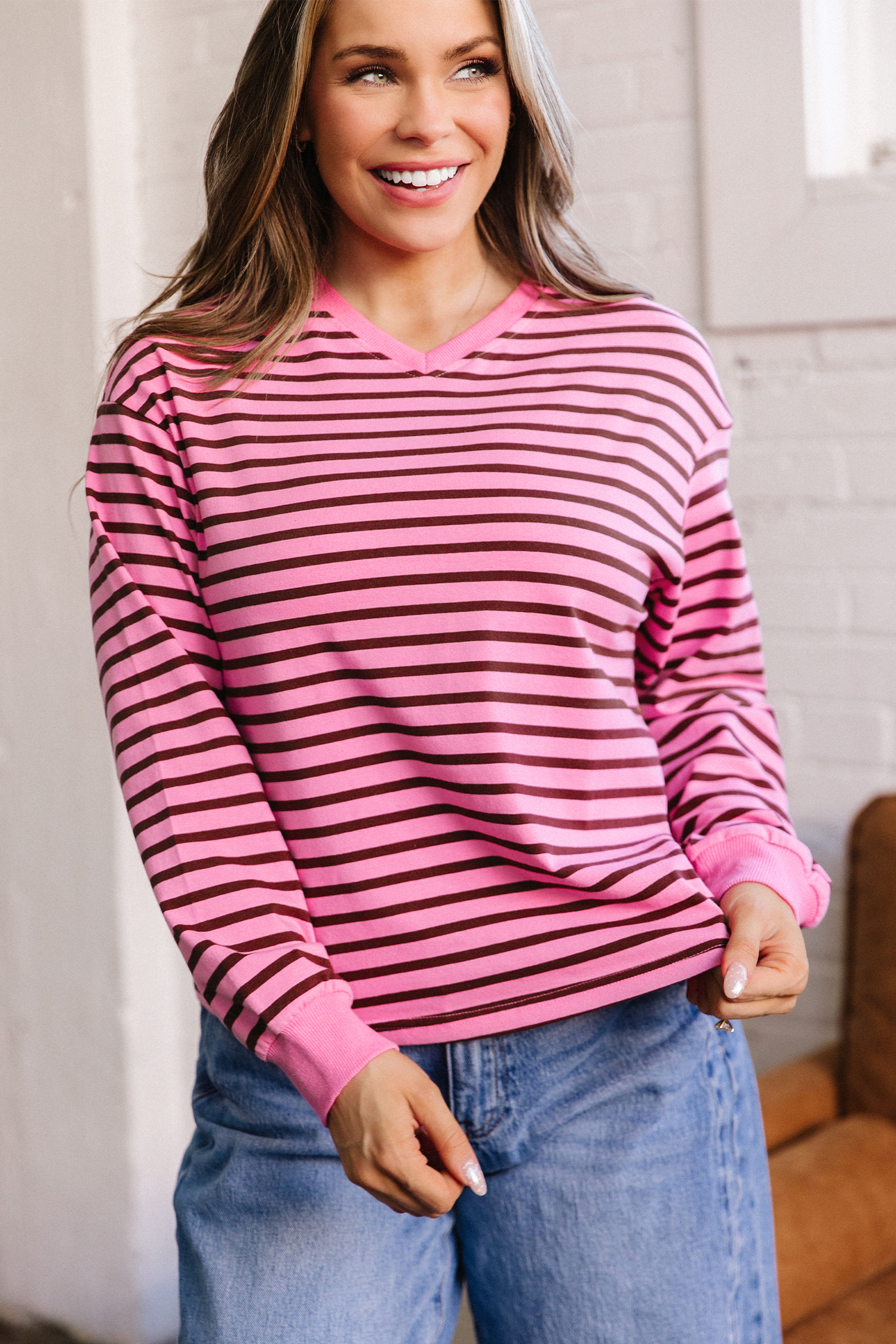 Pink Stripe V Neck Drop Shoulder Long Sleeve Top view 5