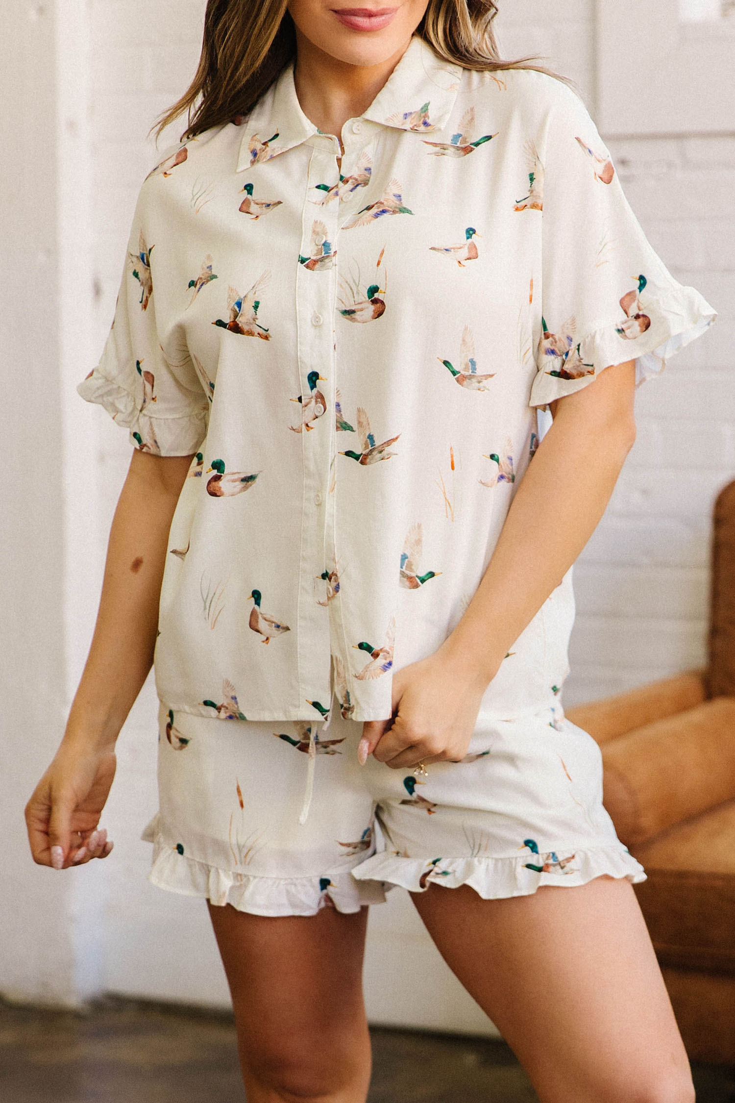 Beige Mallard Print Shirt Style Short Two Piece Set view 8
