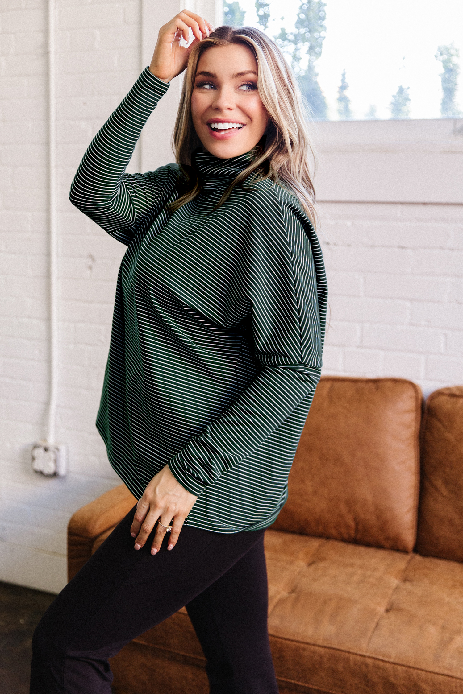 Green Stripe High Neck Dropped Shoulder Long Sleeve Casual Top view 3