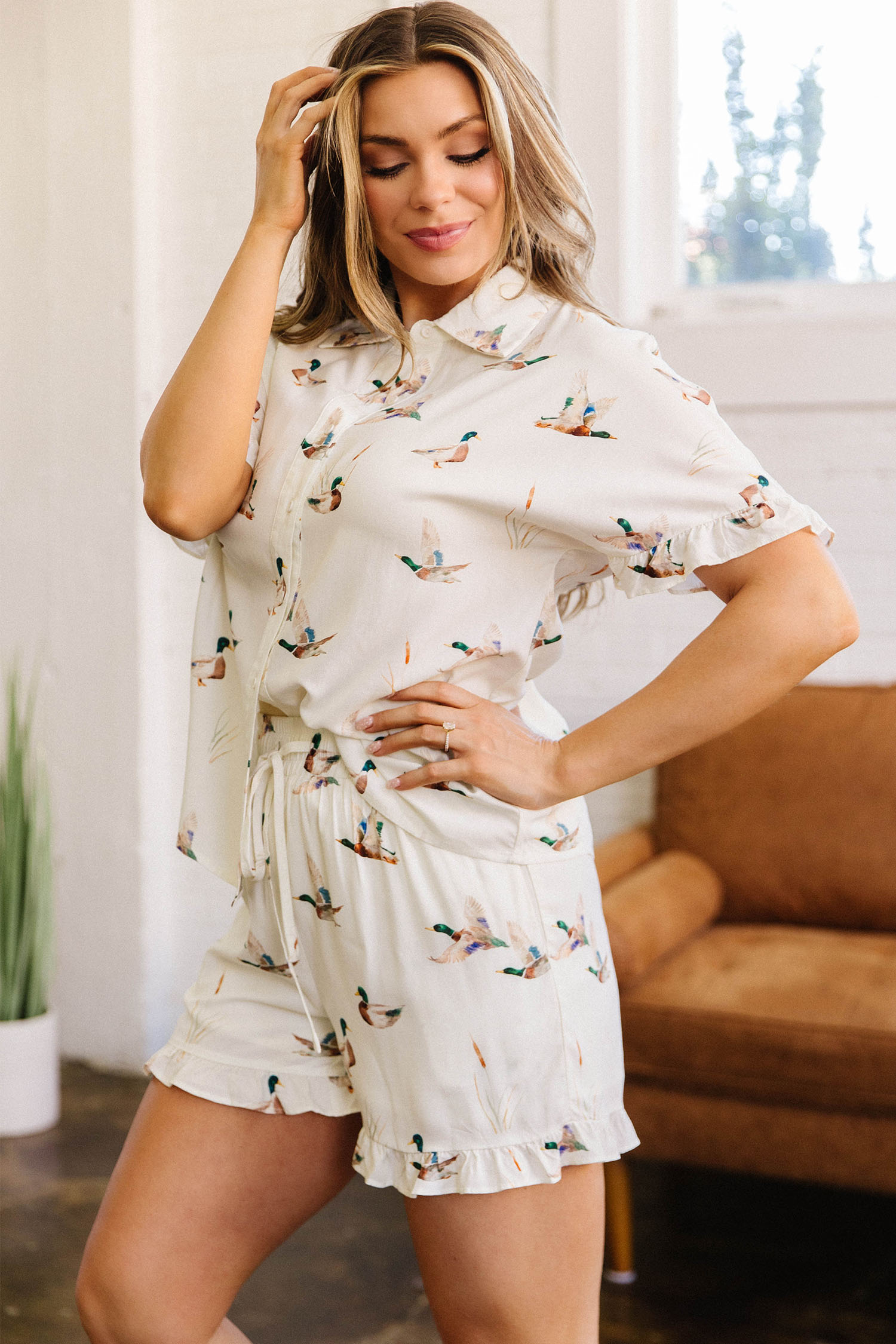 Beige Mallard Print Shirt Style Short Two Piece Set view 4