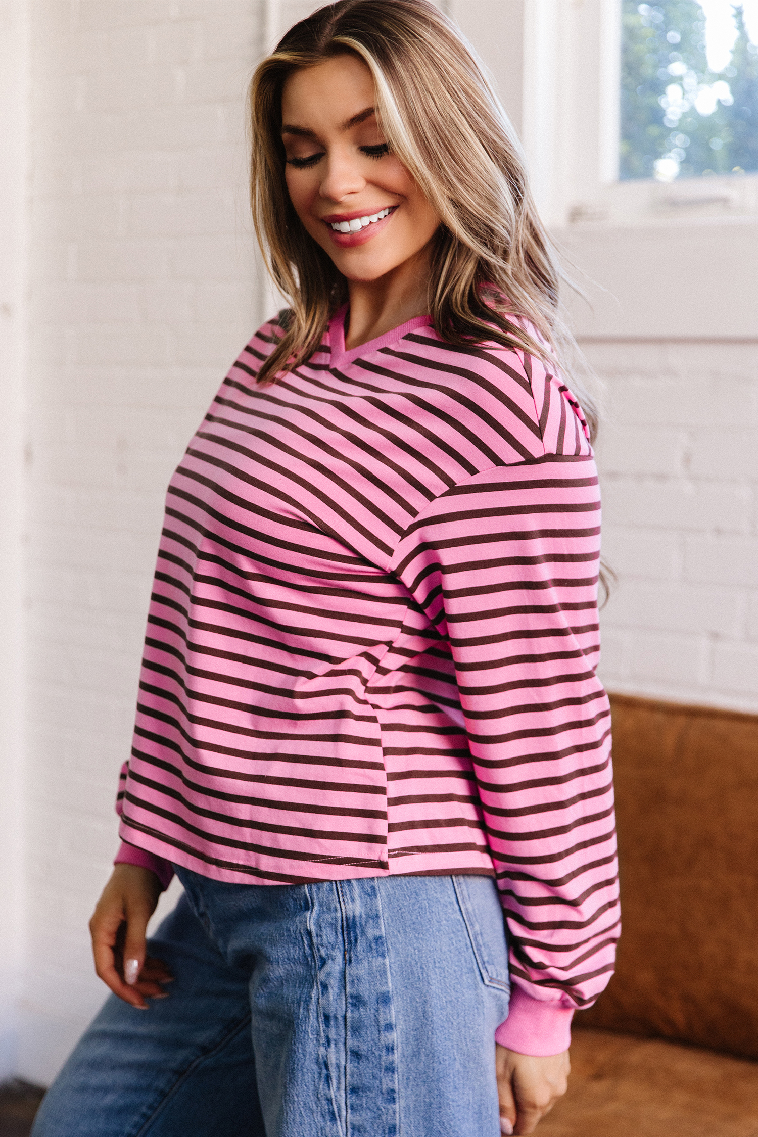 Pink Stripe V Neck Drop Shoulder Long Sleeve Top view 3