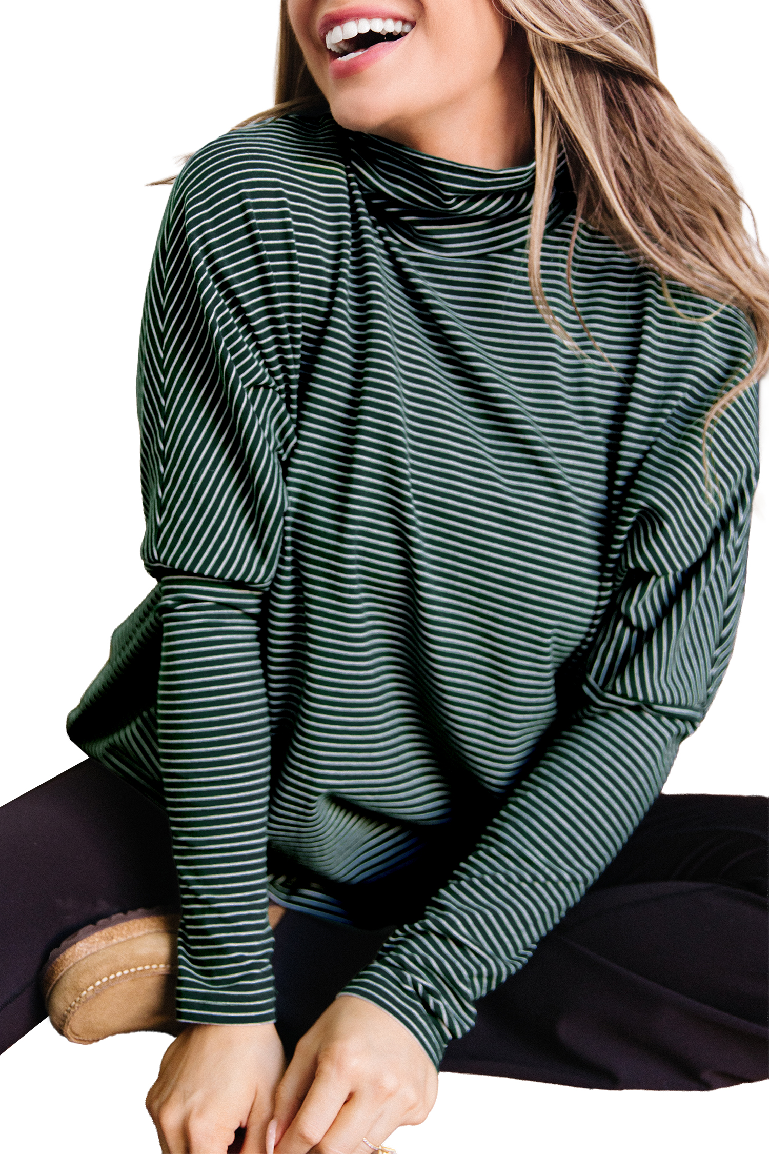 Green Stripe High Neck Dropped Shoulder Long Sleeve Casual Top view 23