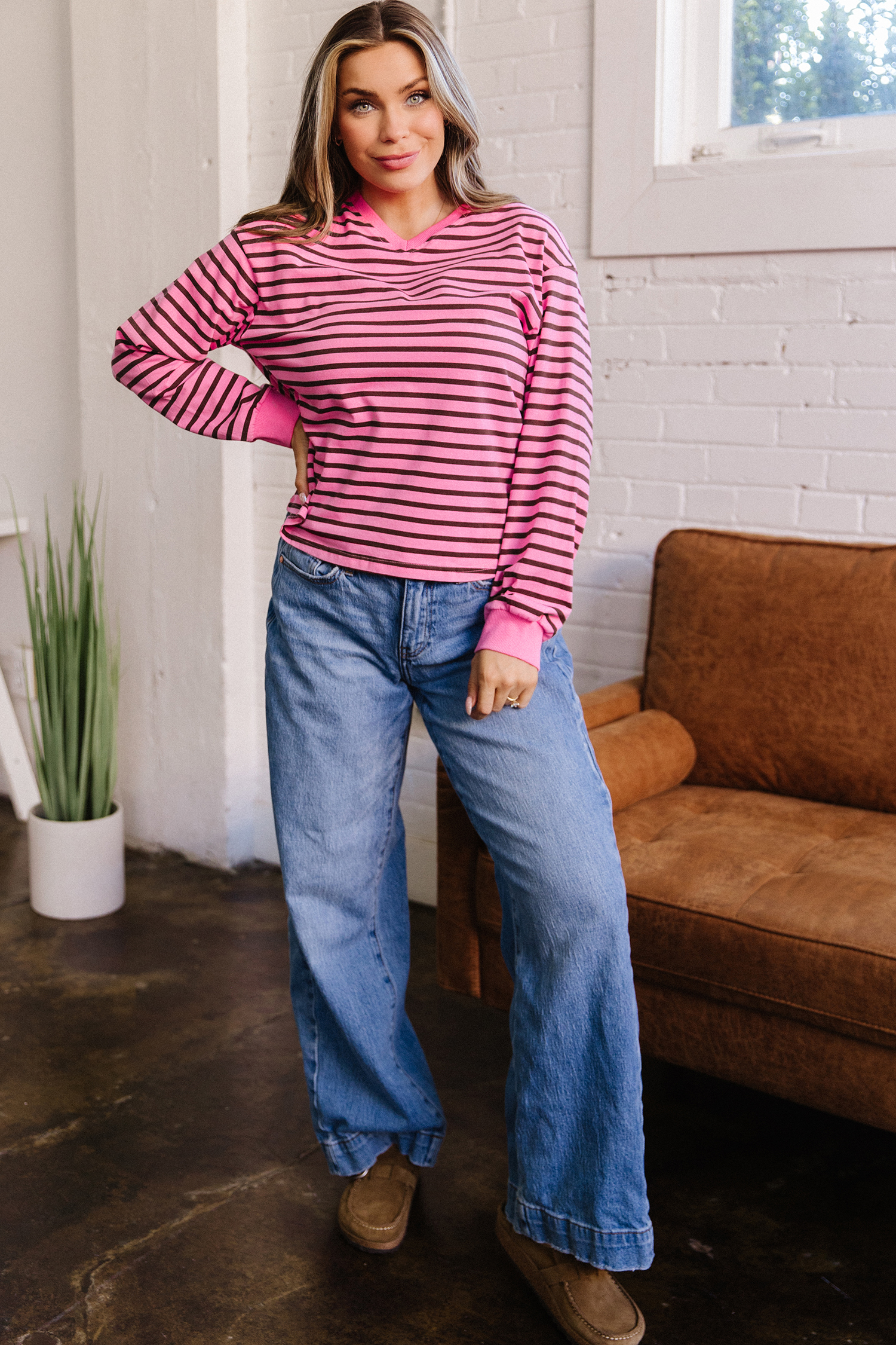 Pink Stripe V Neck Drop Shoulder Long Sleeve Top view 6
