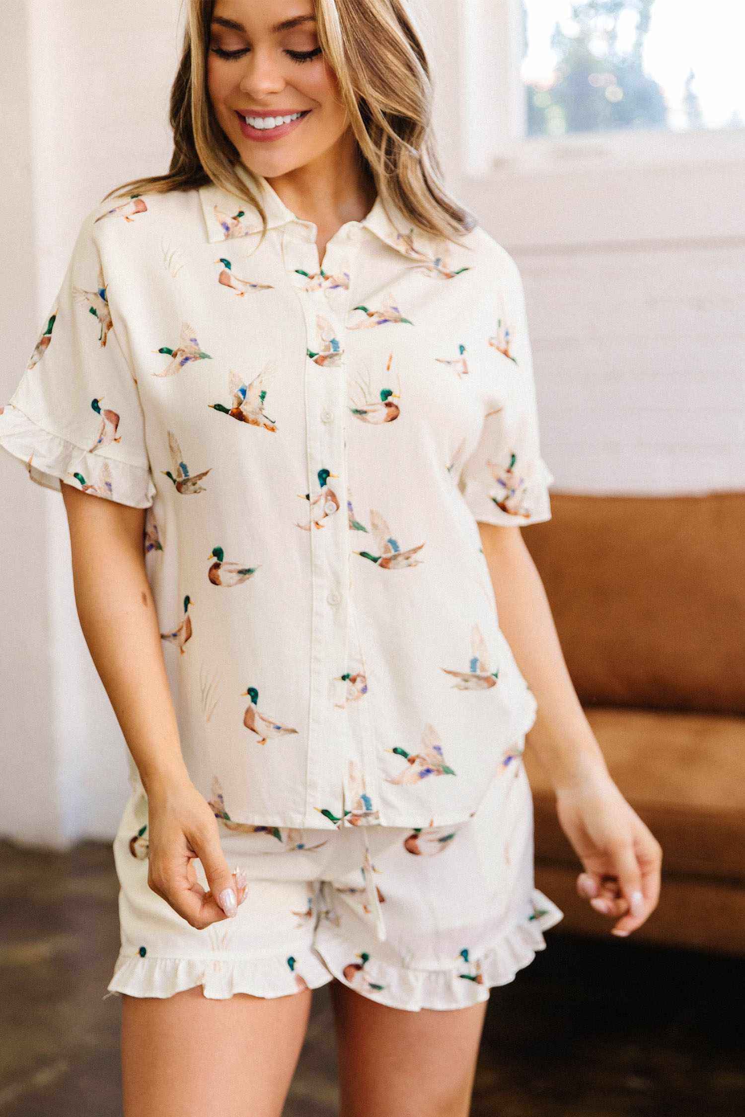 Beige Mallard Print Shirt Style Short Two Piece Set view 6